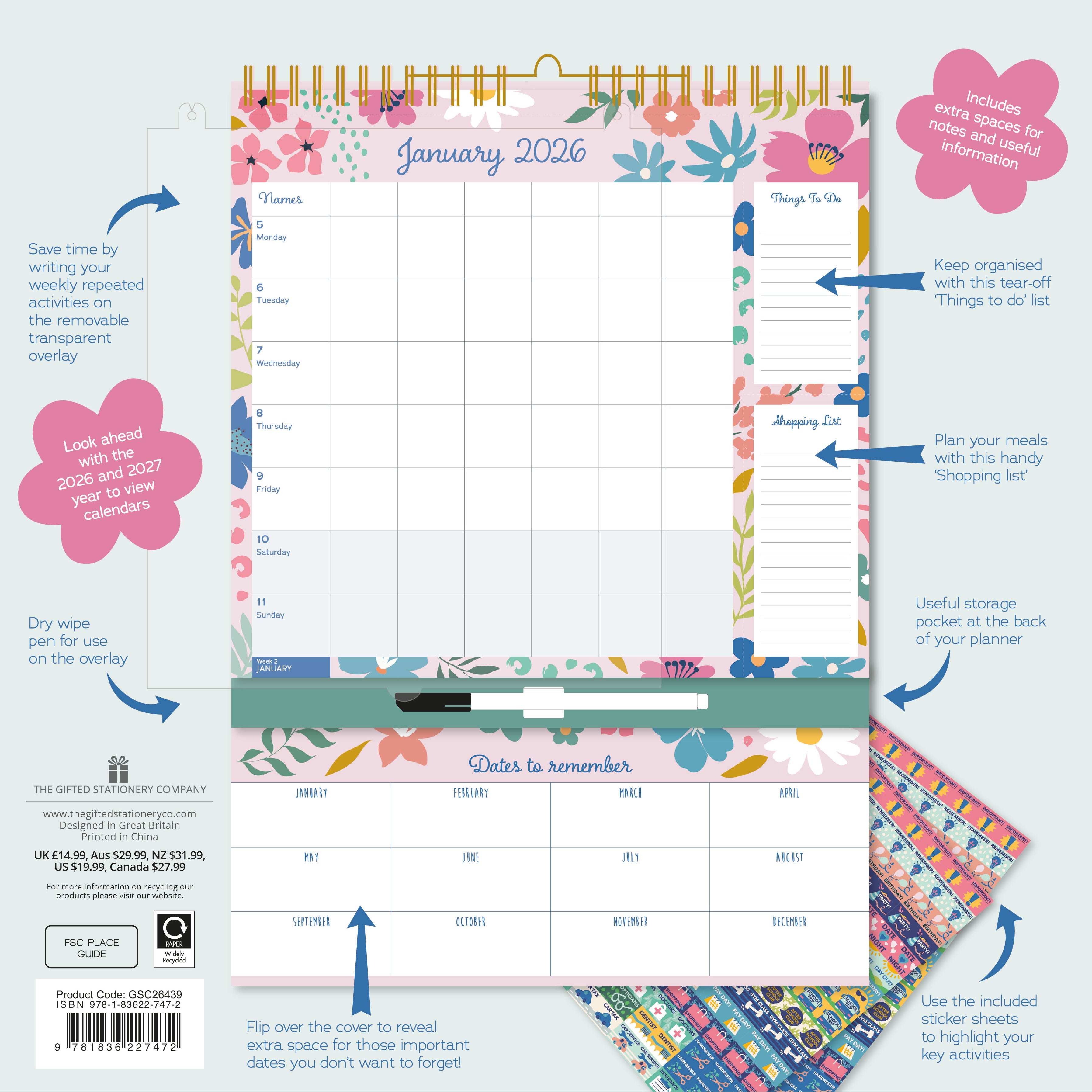 2026 Floral Weekly Family Planner - Square Wall Calendar