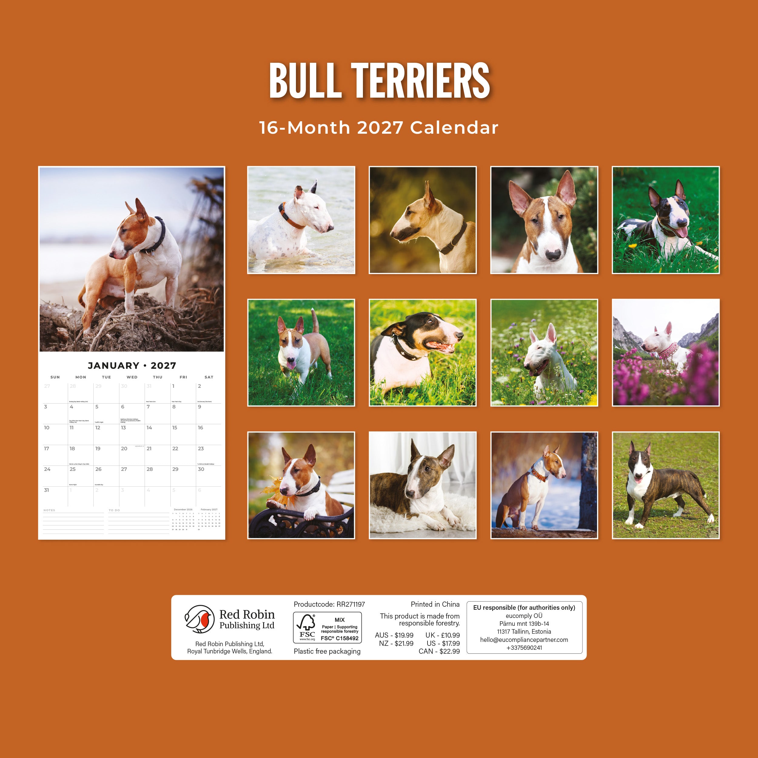 2027 Bull Terriers - Square Wall Calendar