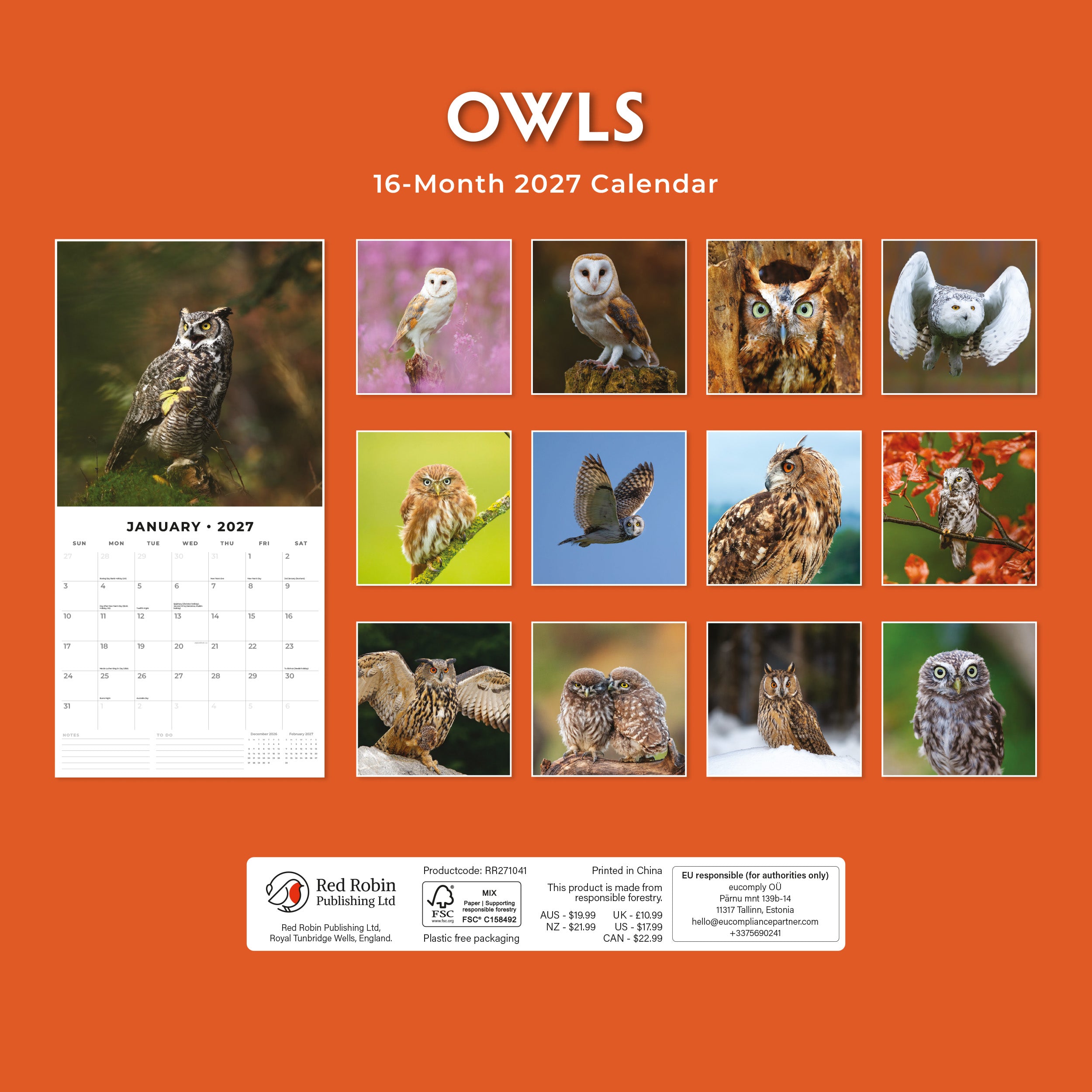 2027 Owls - Square Wall Calendar