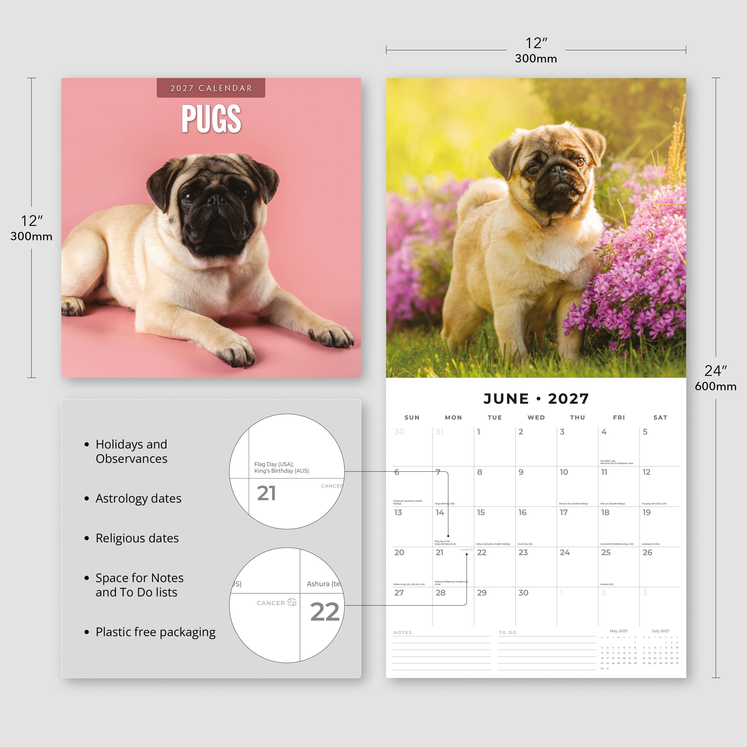 2027 Pugs - Square Wall Calendar