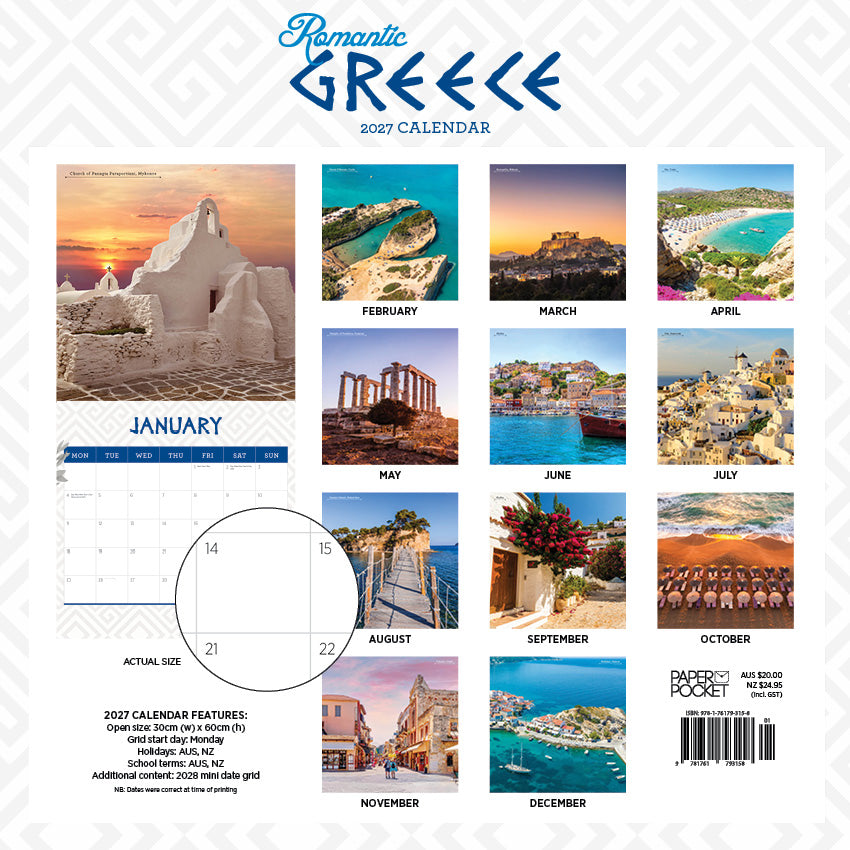 2027 Romantic Greece - Square Wall Calendar