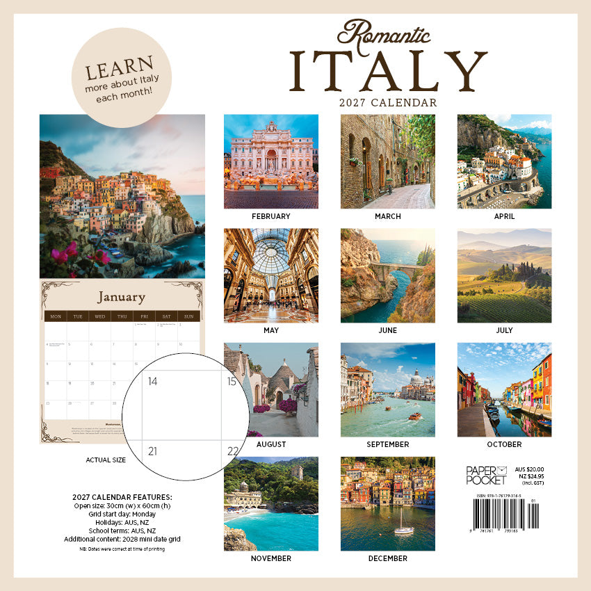2027 Romantic Italy - Square Wall Calendar