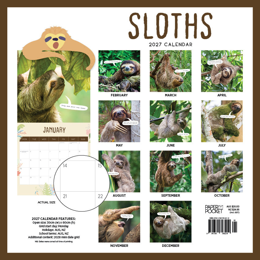 2027 Sloths - Square Wall Calendar