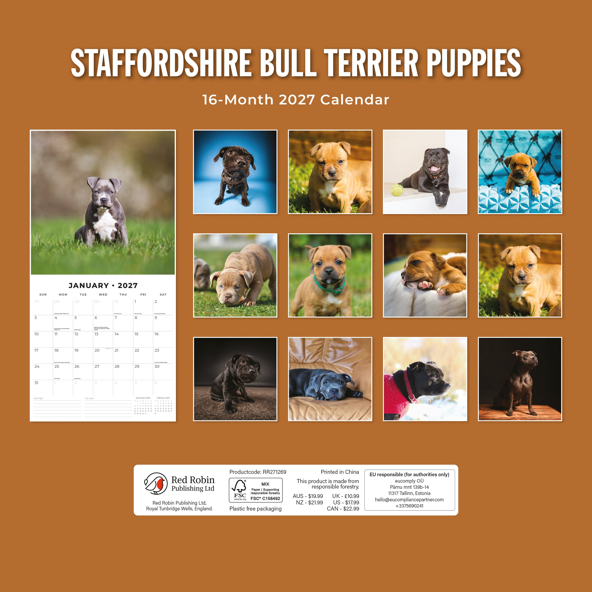 2027 Staffordshire Bull Terrier Puppies - Square Wall Calendar