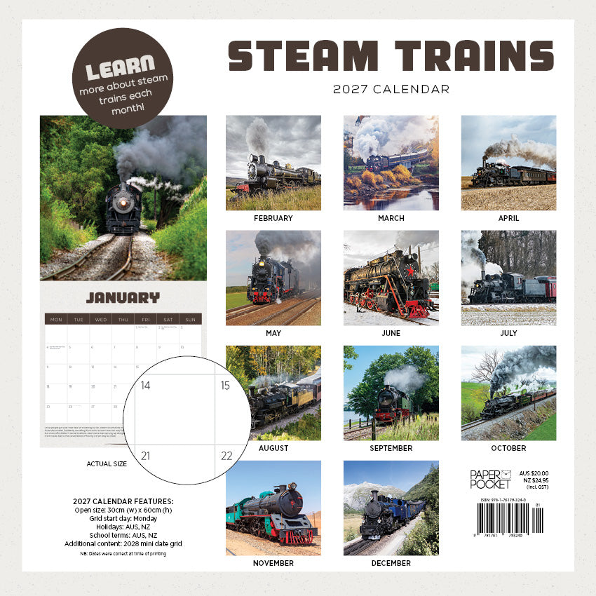 2027 Steamtrains - Square Wall Calendar