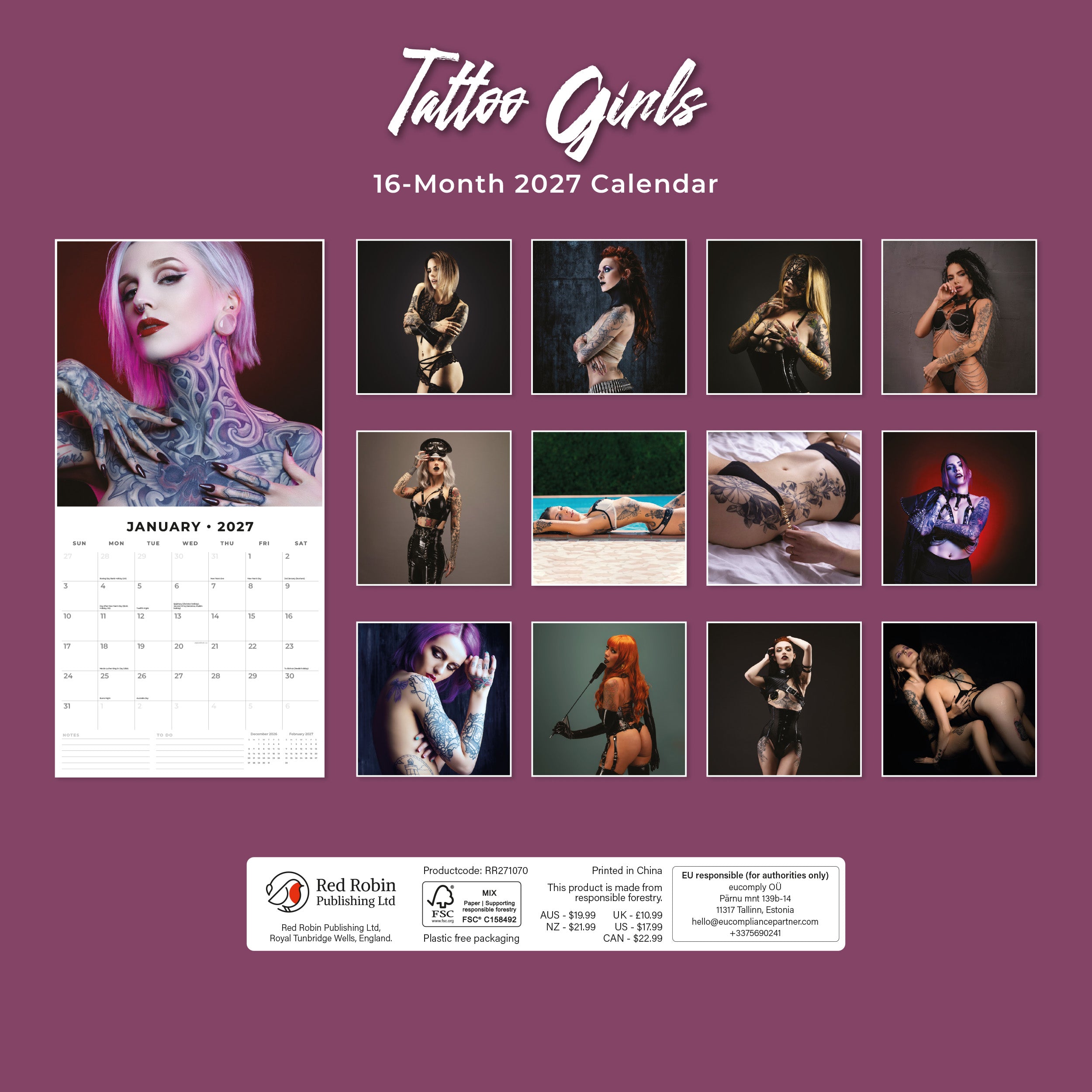 2027 Tattoo Girls - Square Wall Calendar