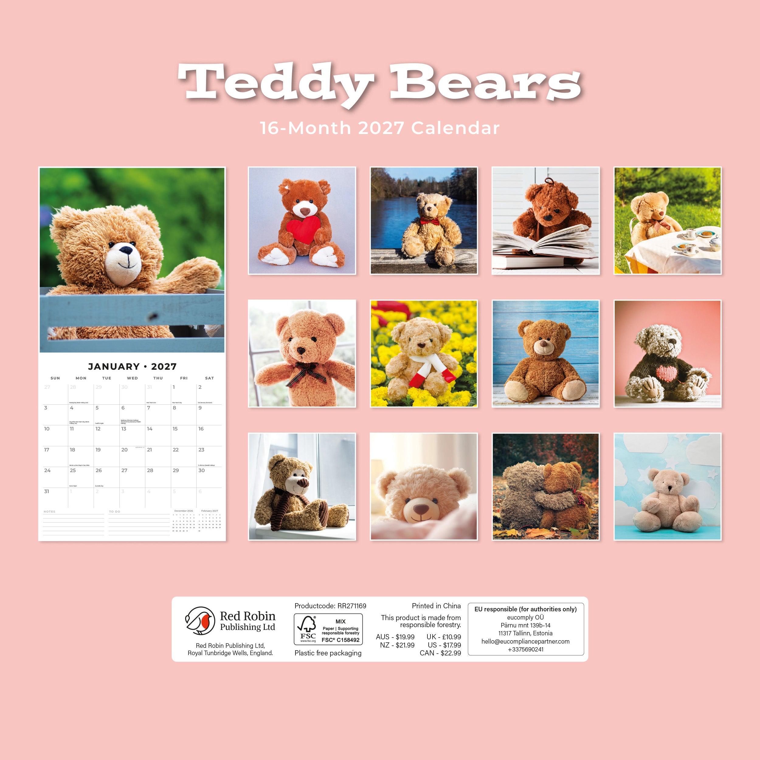 2027 Teddy Bears - Square Wall Calendar