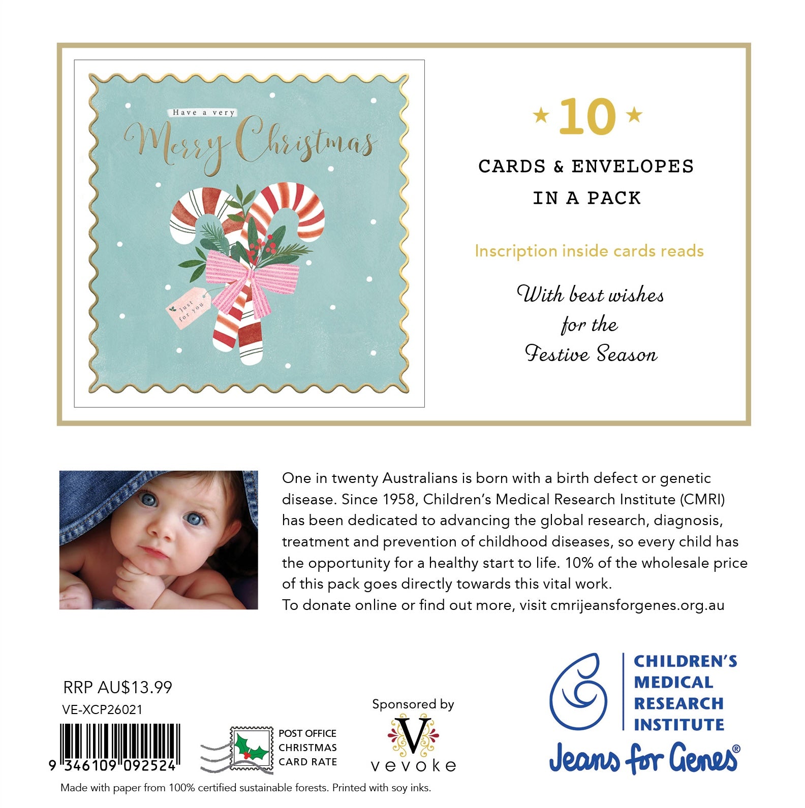 CMRI - Candy Cane - 10 Charity Christmas Cards Pack