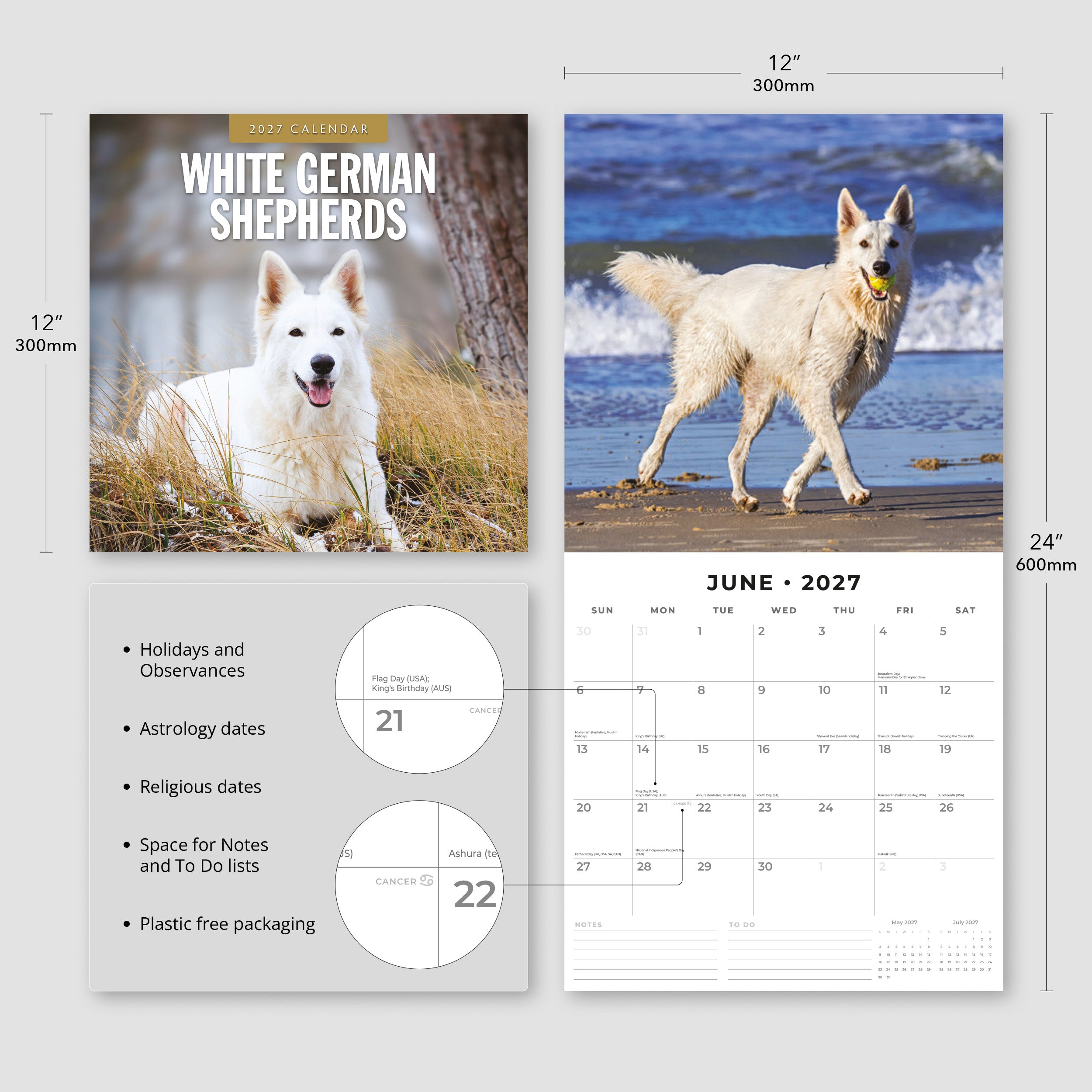 2027 White German Shepherds - Square Wall Calendar