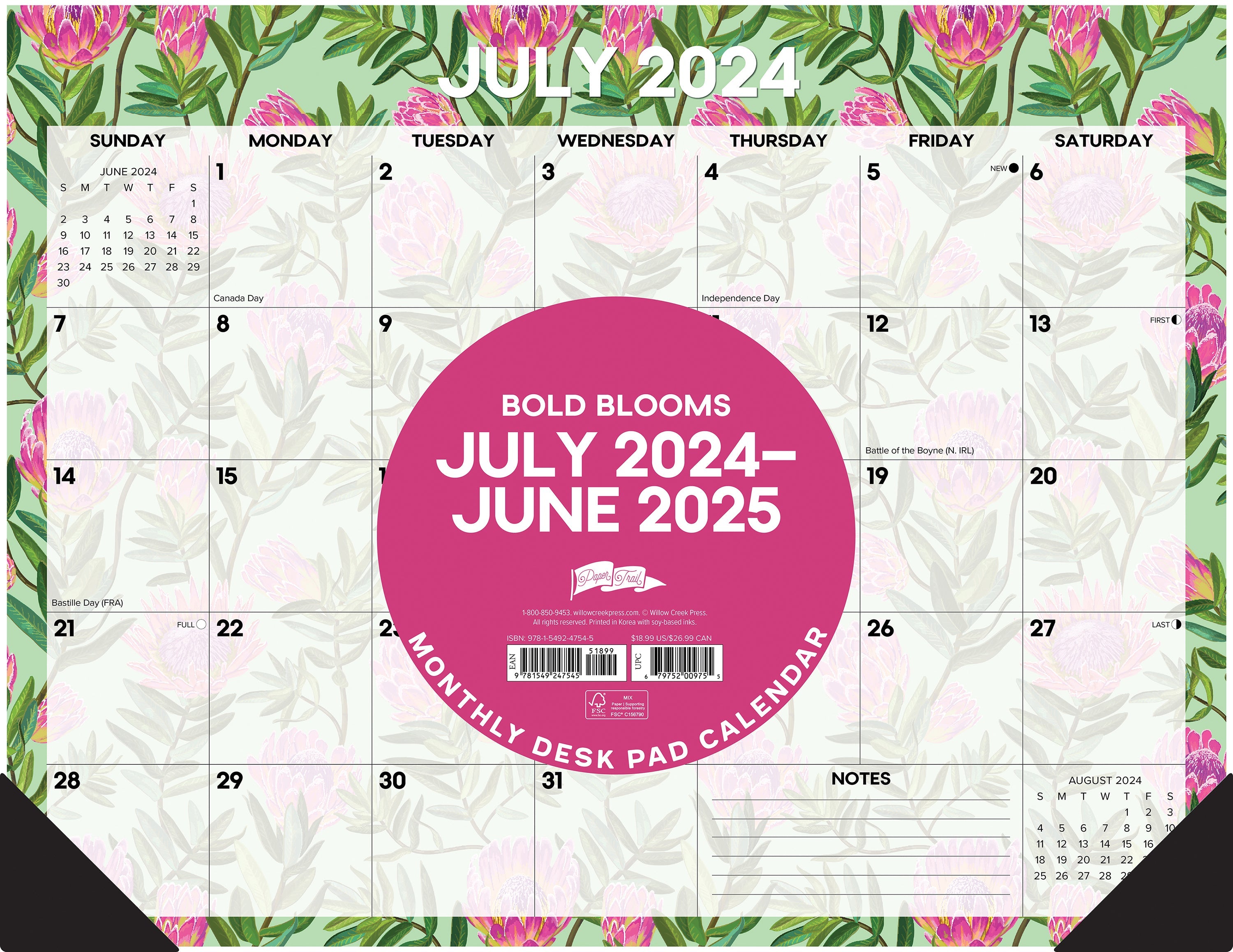 July 2024 - June 2025 Bold Blooms - Large Monthly Desk Pad Academic Calendar