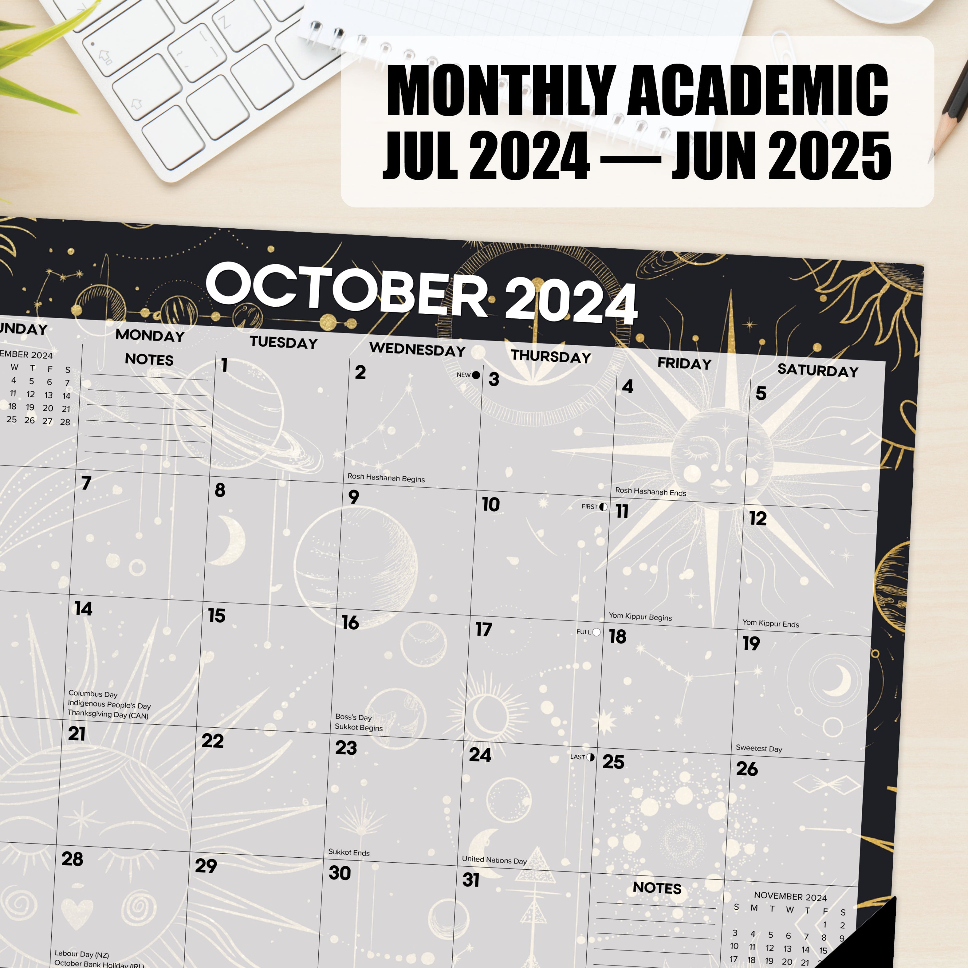July 2024 - June 2025 Celestial - Large Monthly Desk Pad Academic Calendar