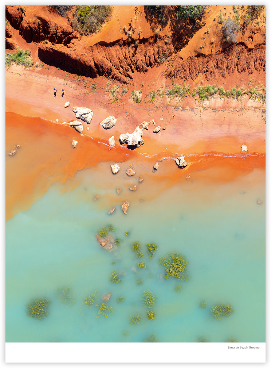 Broome & Beyond 2027 calendar photograph: Aerial view of red cliffs and turquoise water at Simpson Beach, Broome