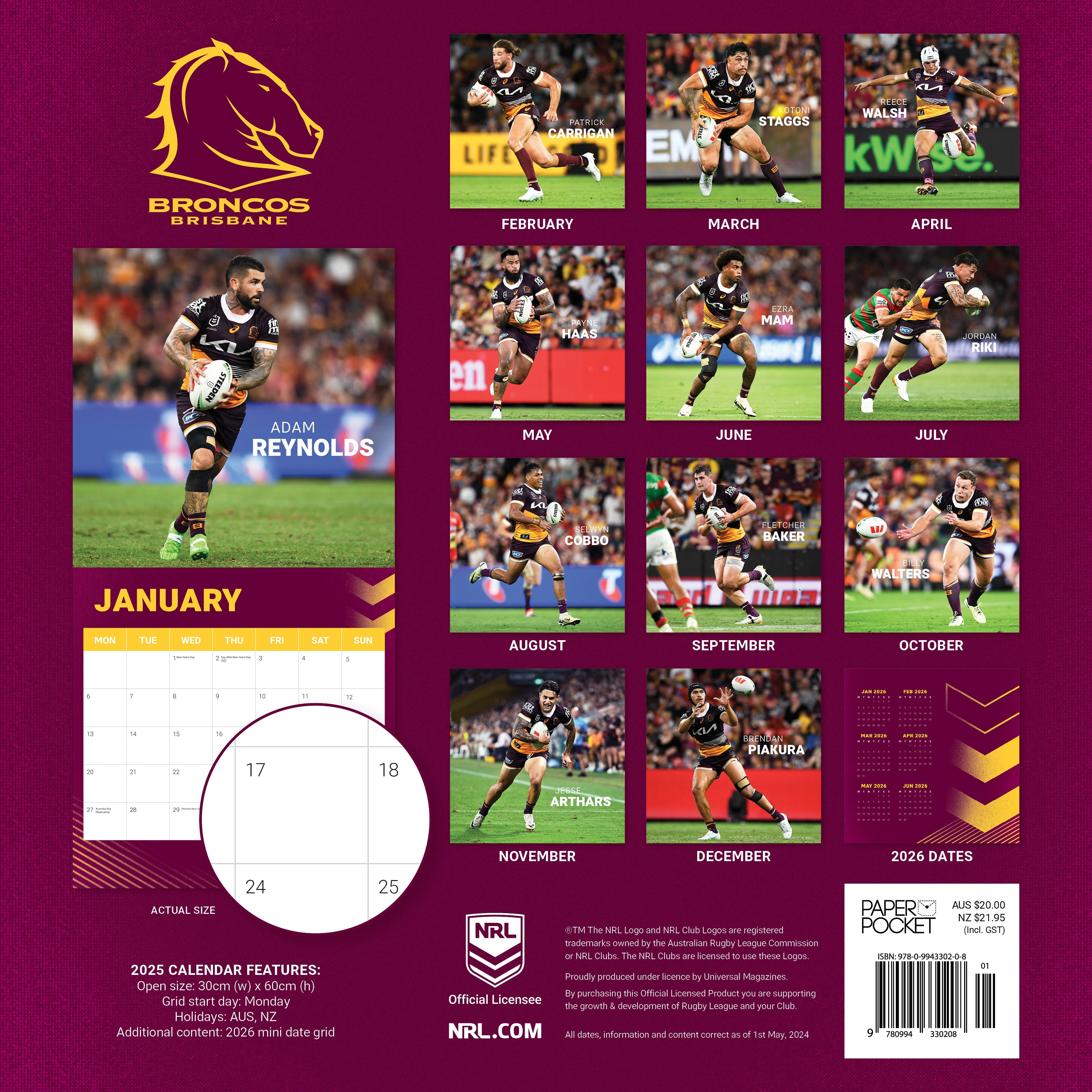 2025 NRL Brisbane Broncos - Square Wall Calendar