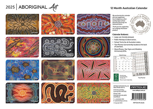 2025 Aboriginal Art By Artique - Horizontal Wall Calendar