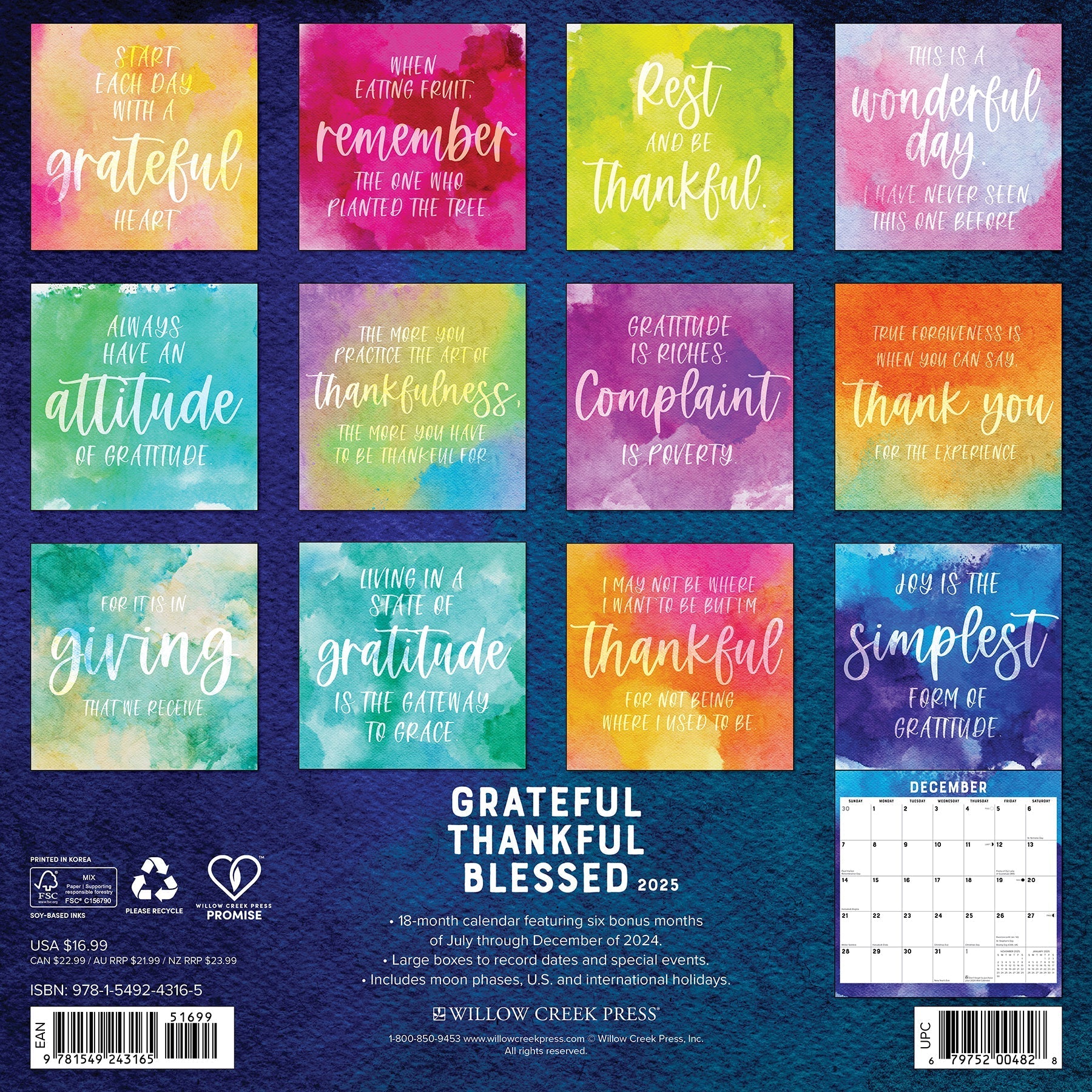 2025 Grateful, Thankful, Blessed - Square Wall Calendar (US Only)