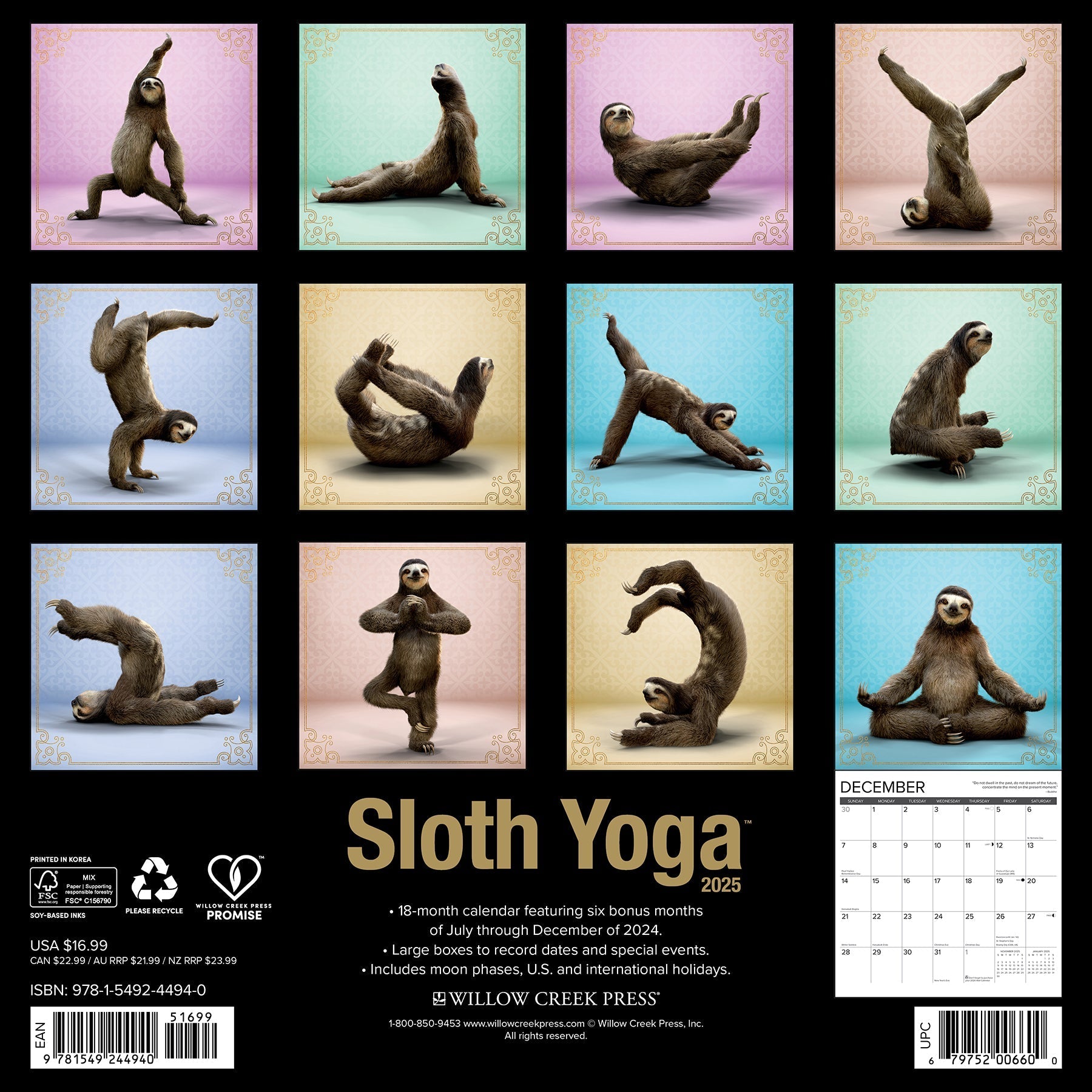 2025 Sloth Yoga - Square Wall Calendar (US Only)