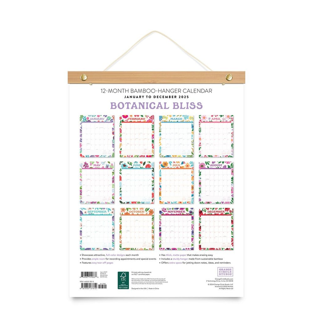 2025 Botanical Bliss Bamboo-Hanger - Deluxe Wall Calendar