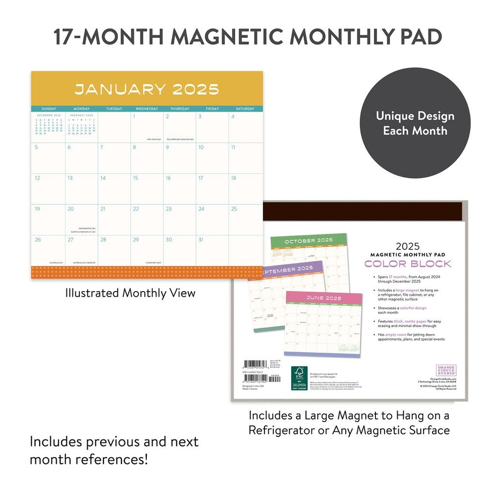 2025 Color Block - Monthly Magnetic Pad Calendar