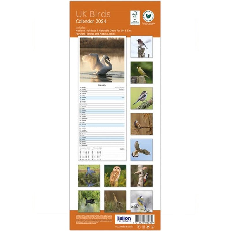 2024 UK Wonderful Birds Super - Slim Wall Calendar