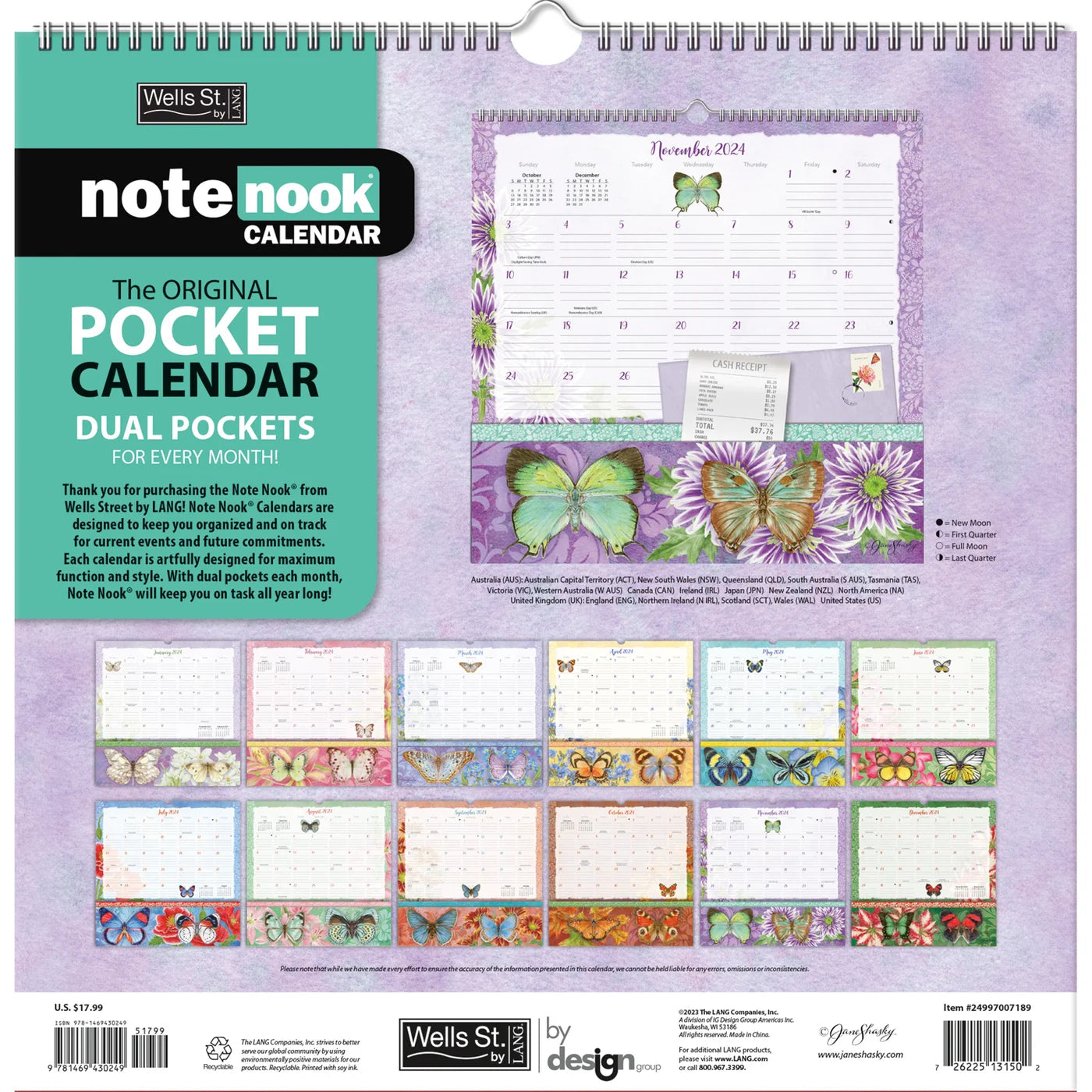 2024 Butterflies Note Nook Square Wall Calendar Art Calendars by