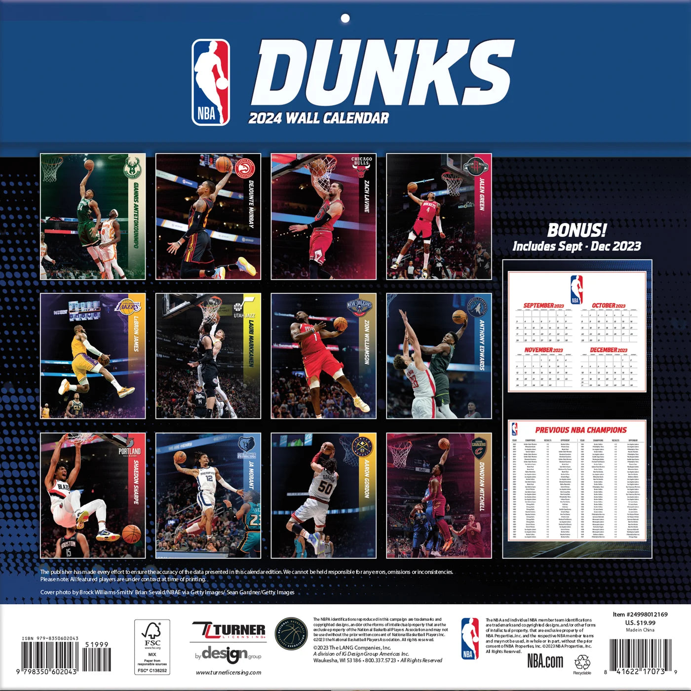 2024 NBA Dunks Square Wall Calendar Sports Calendars by LANG