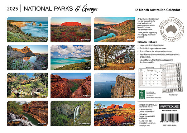 2025 Australian National Parks & Gorges By Artique - Horizontal Wall Calendar