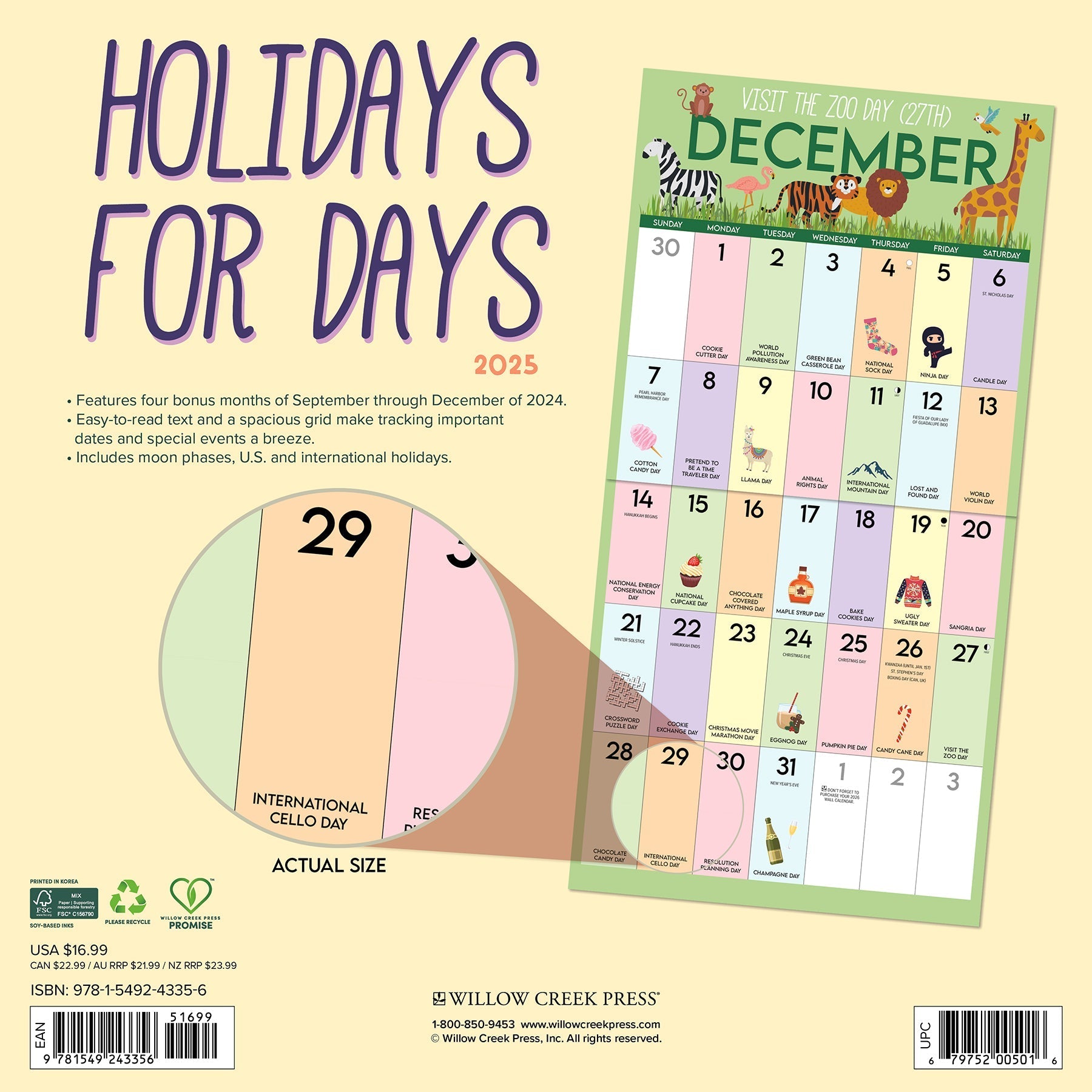 2025 Holidays for Days - Square Wall Calendar (US Only)