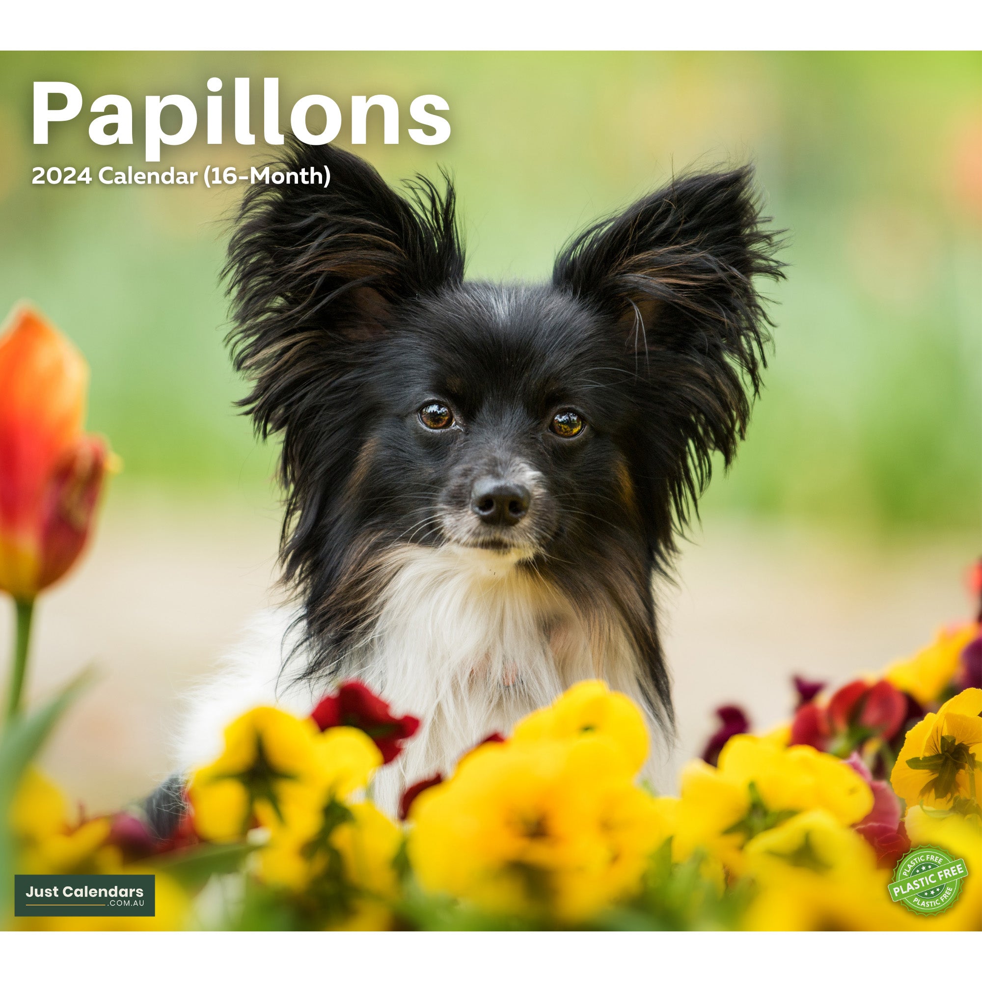 2024 Papillons Dogs & Puppies - Deluxe Wall Calendar by Just Calendars - 16 Month - Plastic Free