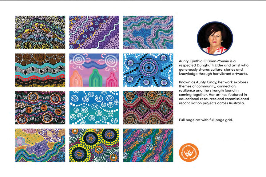 Preview of monthly artwork by Aunty Cynthia O'Brien-Younie in the 2027 Country, Culture and Connection calendar