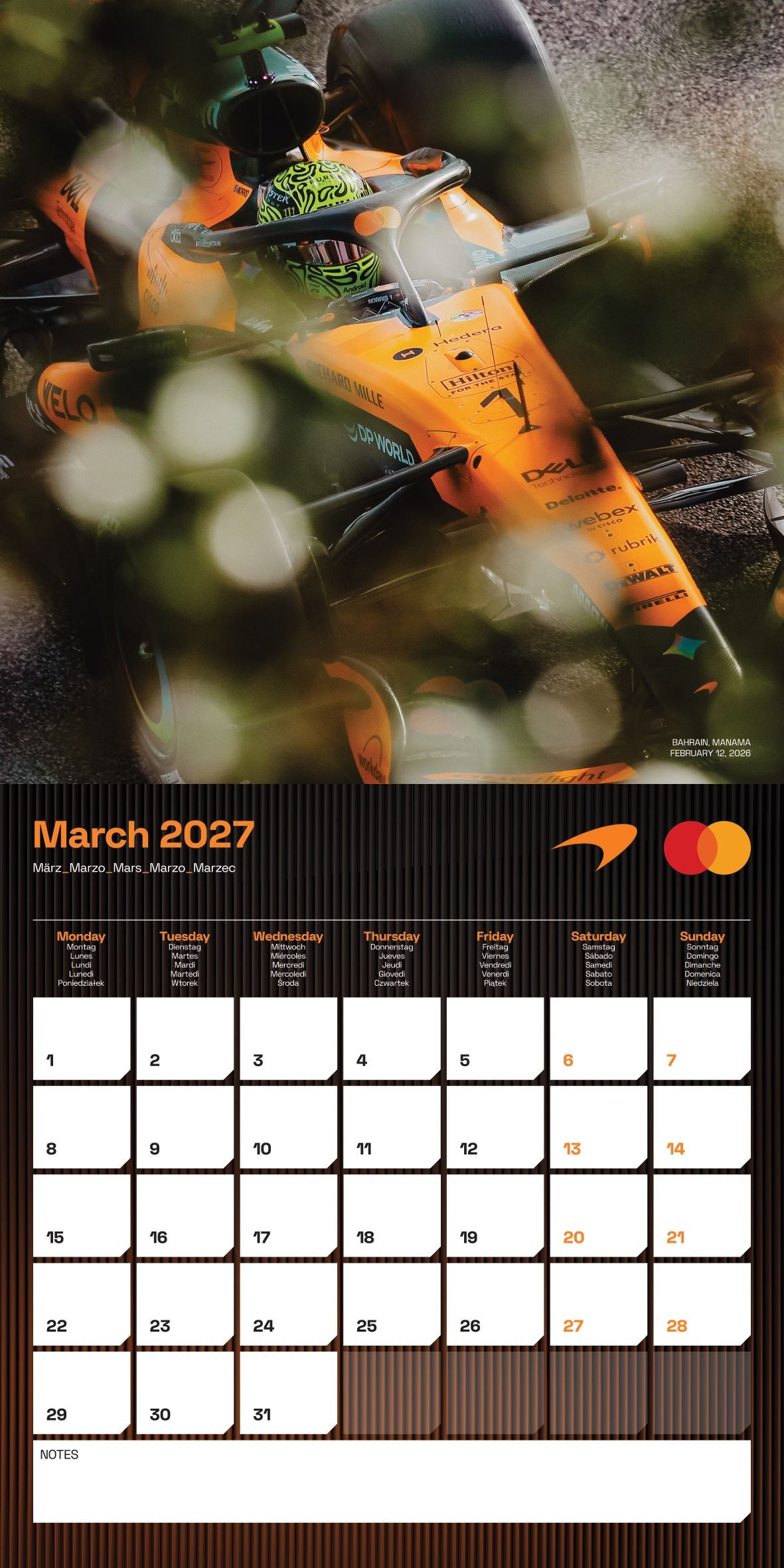 2027 Formula One McLaren square wall calendar inside monthly layout