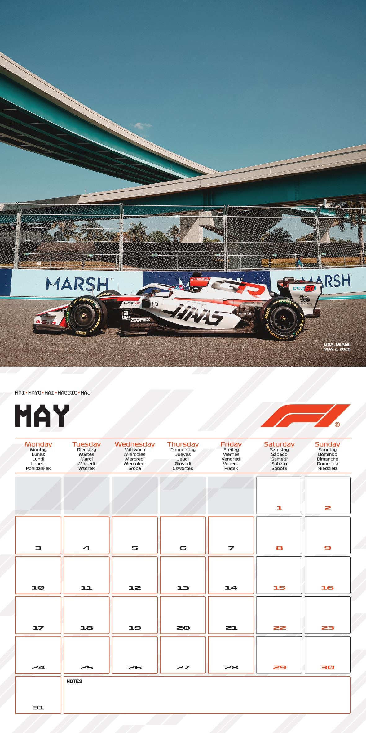 2027 Formula One square wall calendar inside monthly layout