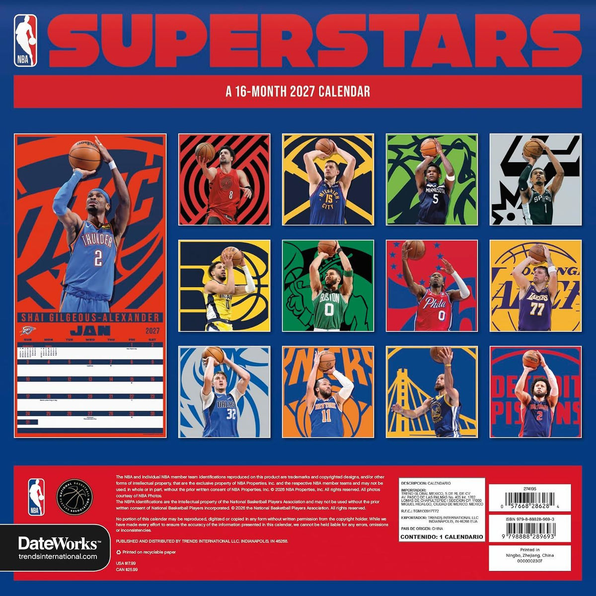 2027 NBA Superstars square wall calendar back cover with monthly image previews