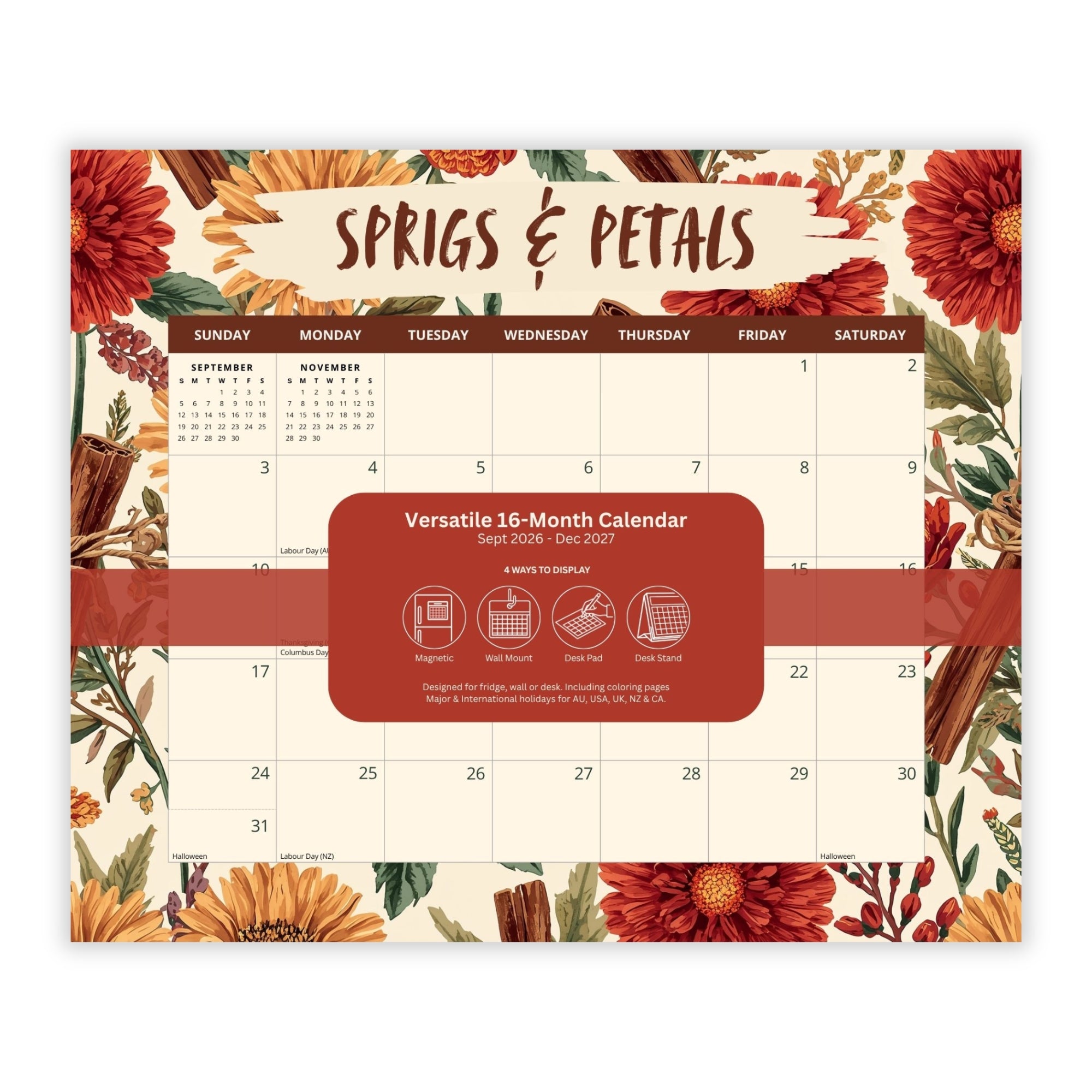 2027 Sprigs & Petals - Versatile 4-in-1 Magnetic, Wall and Desk Calendar