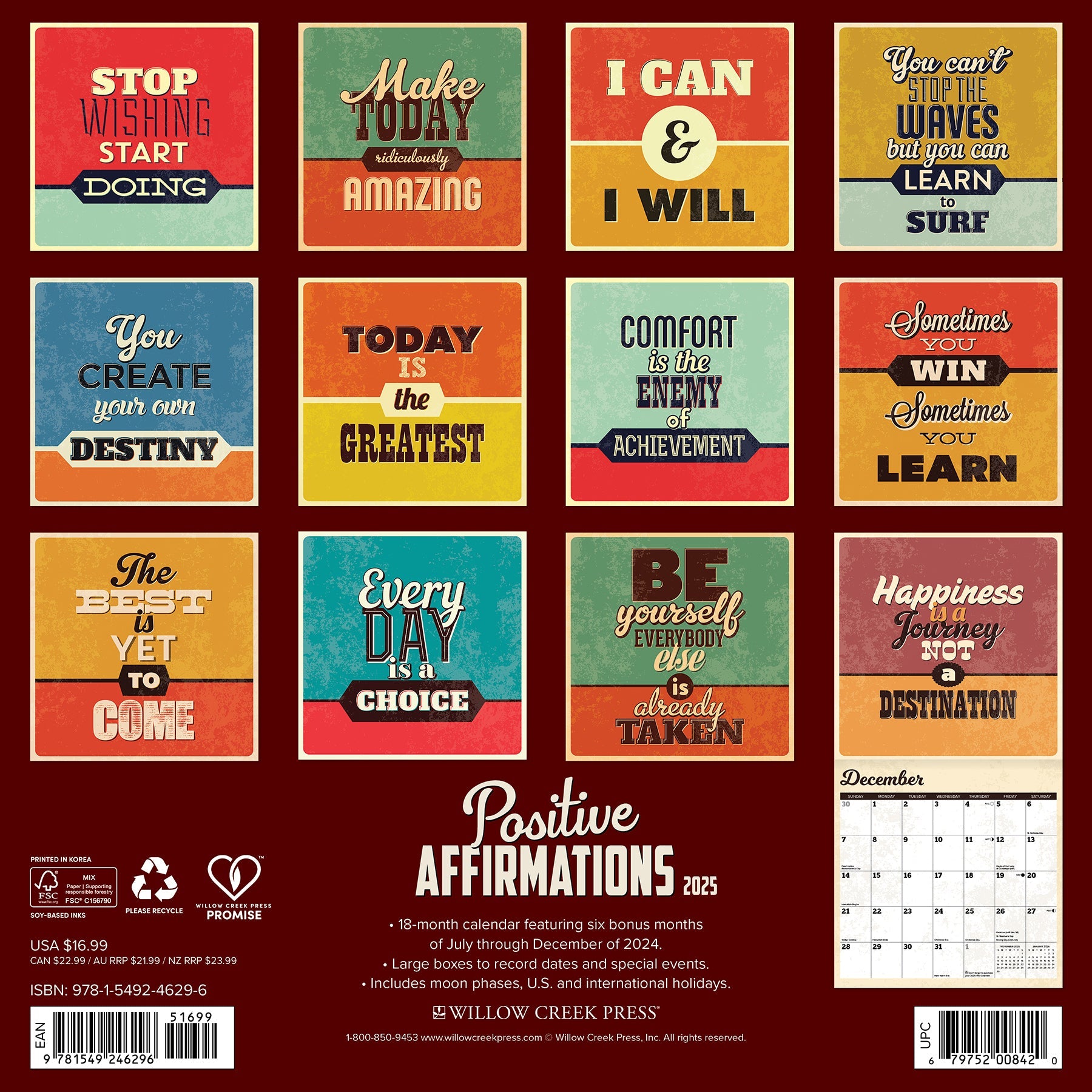 2025 Positive Affirmations - Square Wall Calendar (US Only)