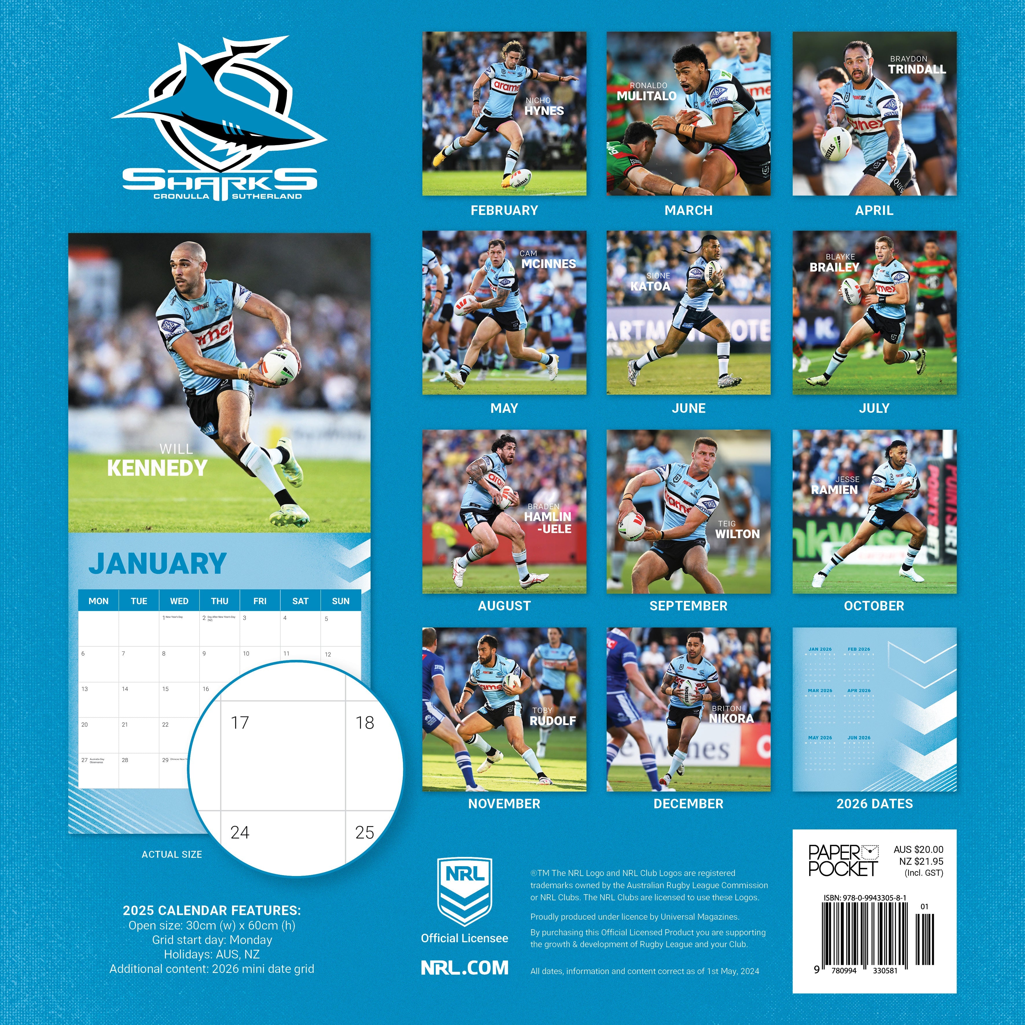 2025 NRL Cronulla Sharks - Square Wall Calendar