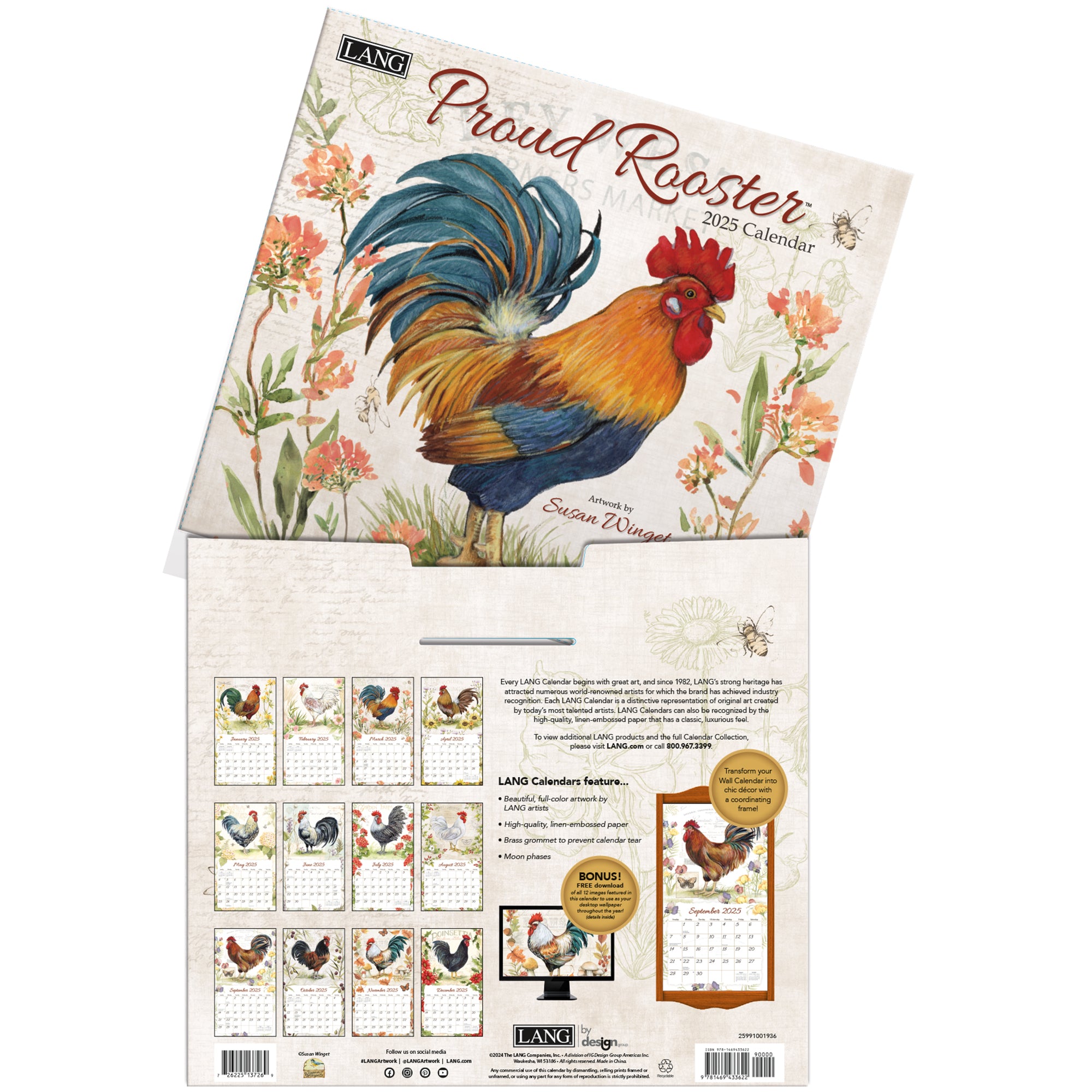 2025 LANG Proud Rooster By Susan Winget Deluxe Wall Calendar