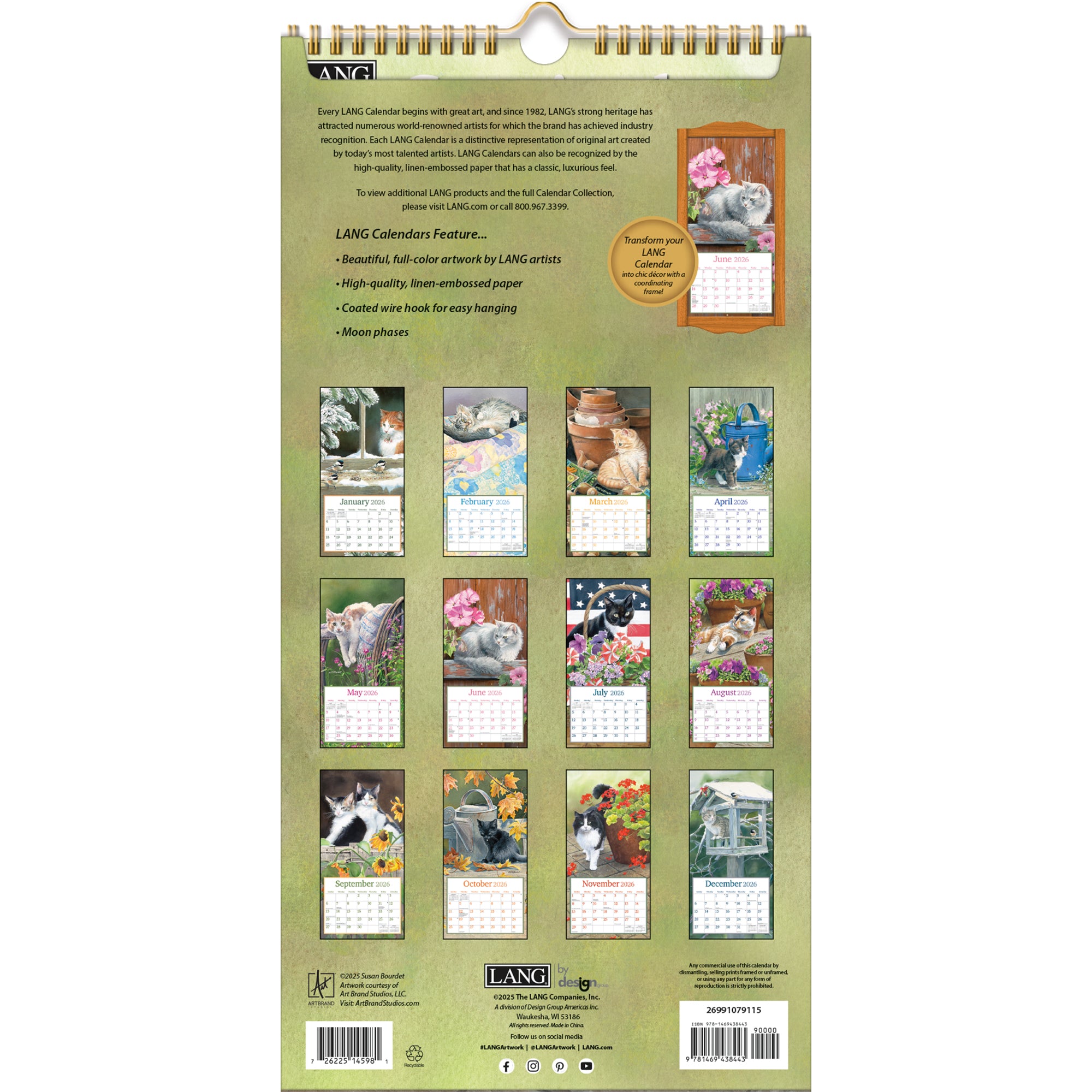 2026 LANG Cats In The Country - Slim Vertical Wall Calendar
