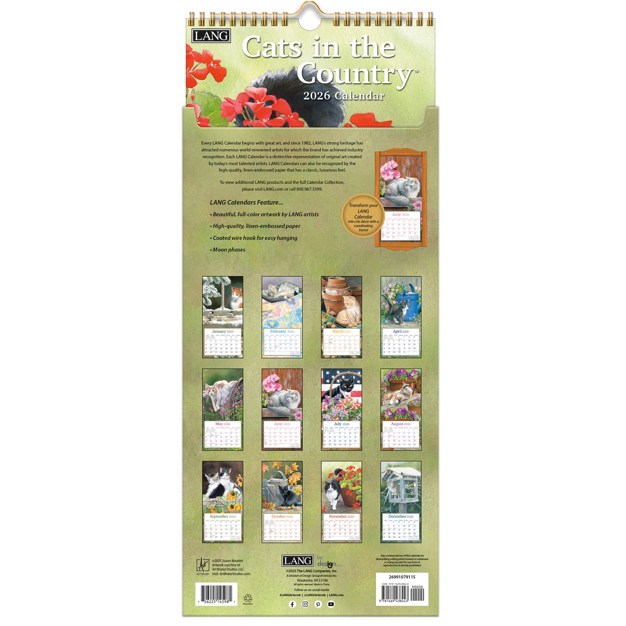 2026 LANG Cats In The Country - Slim Vertical Wall Calendar
