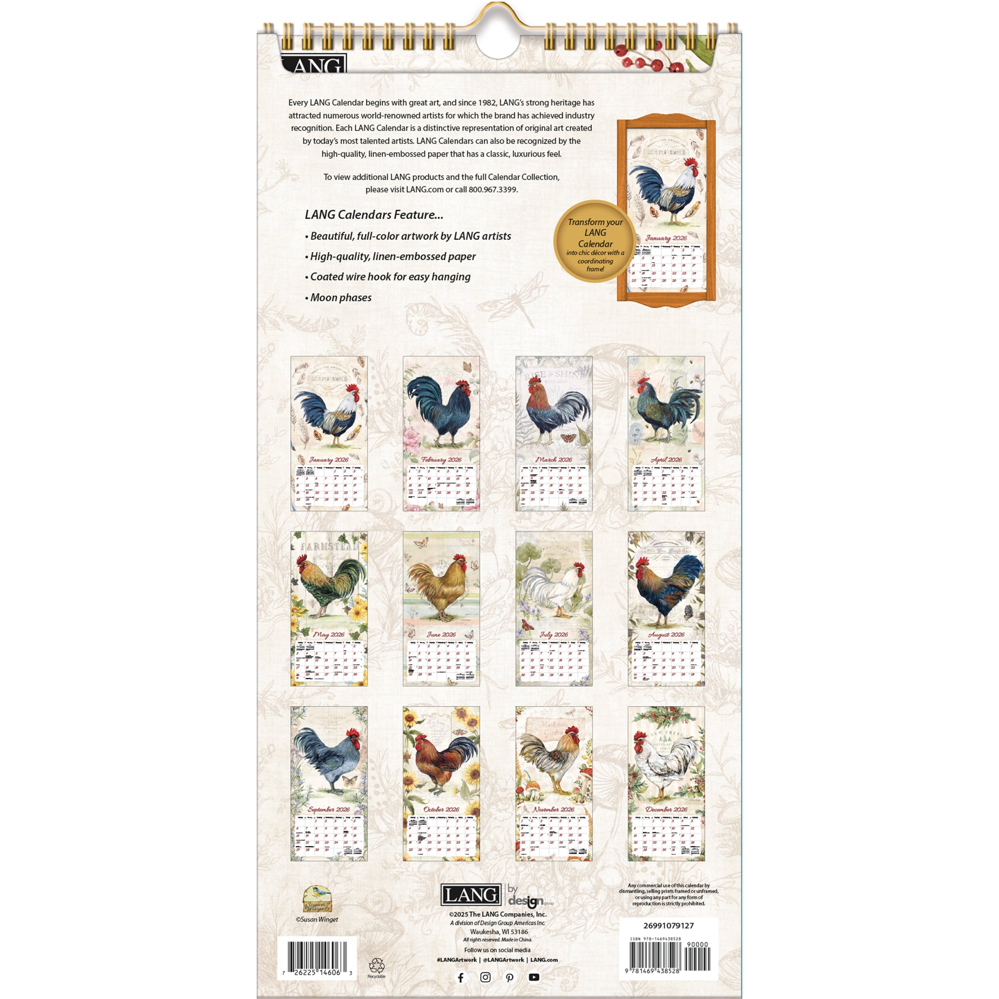 2026 LANG Proud Rooster - Slim Vertical Wall Calendar