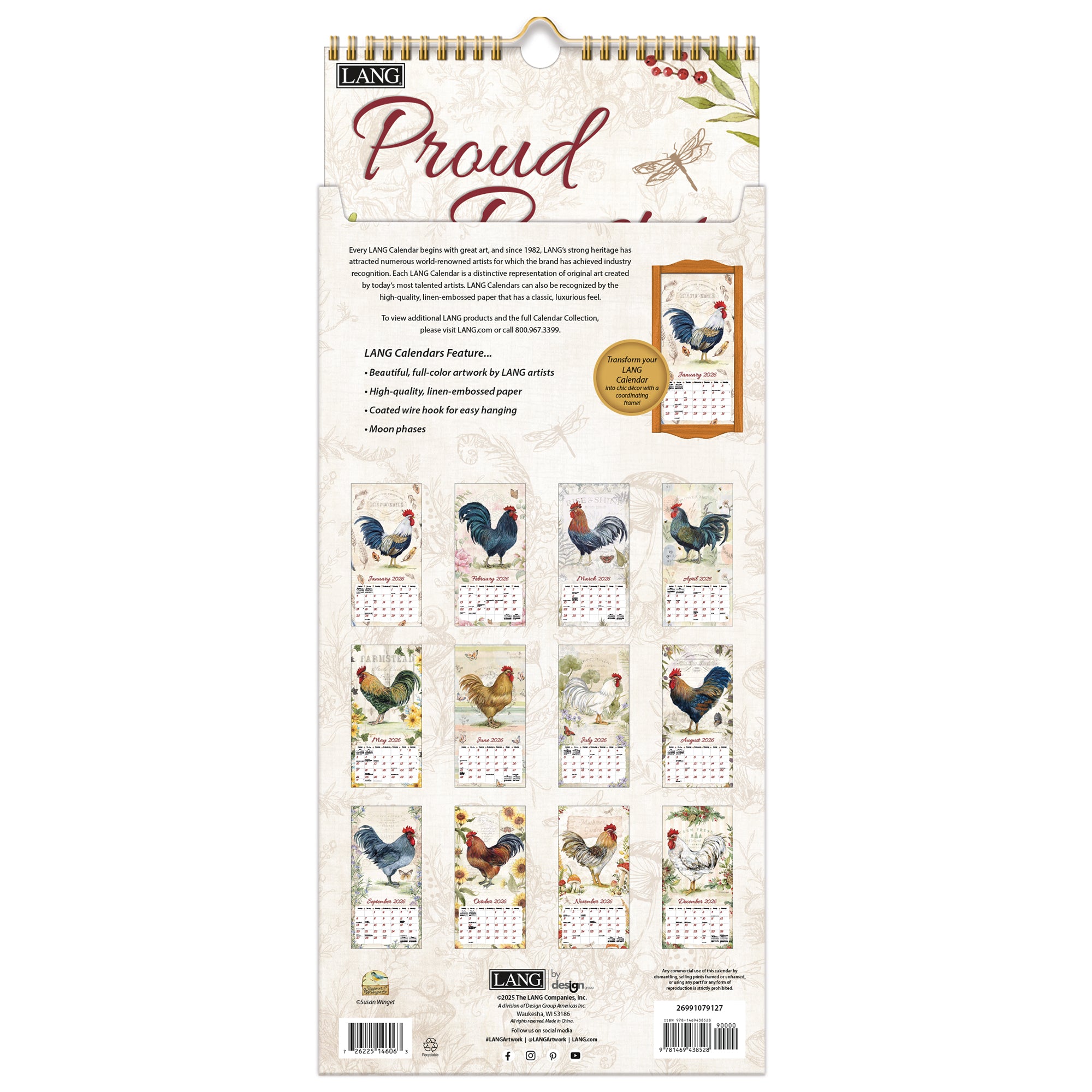 2026 LANG Proud Rooster - Slim Vertical Wall Calendar