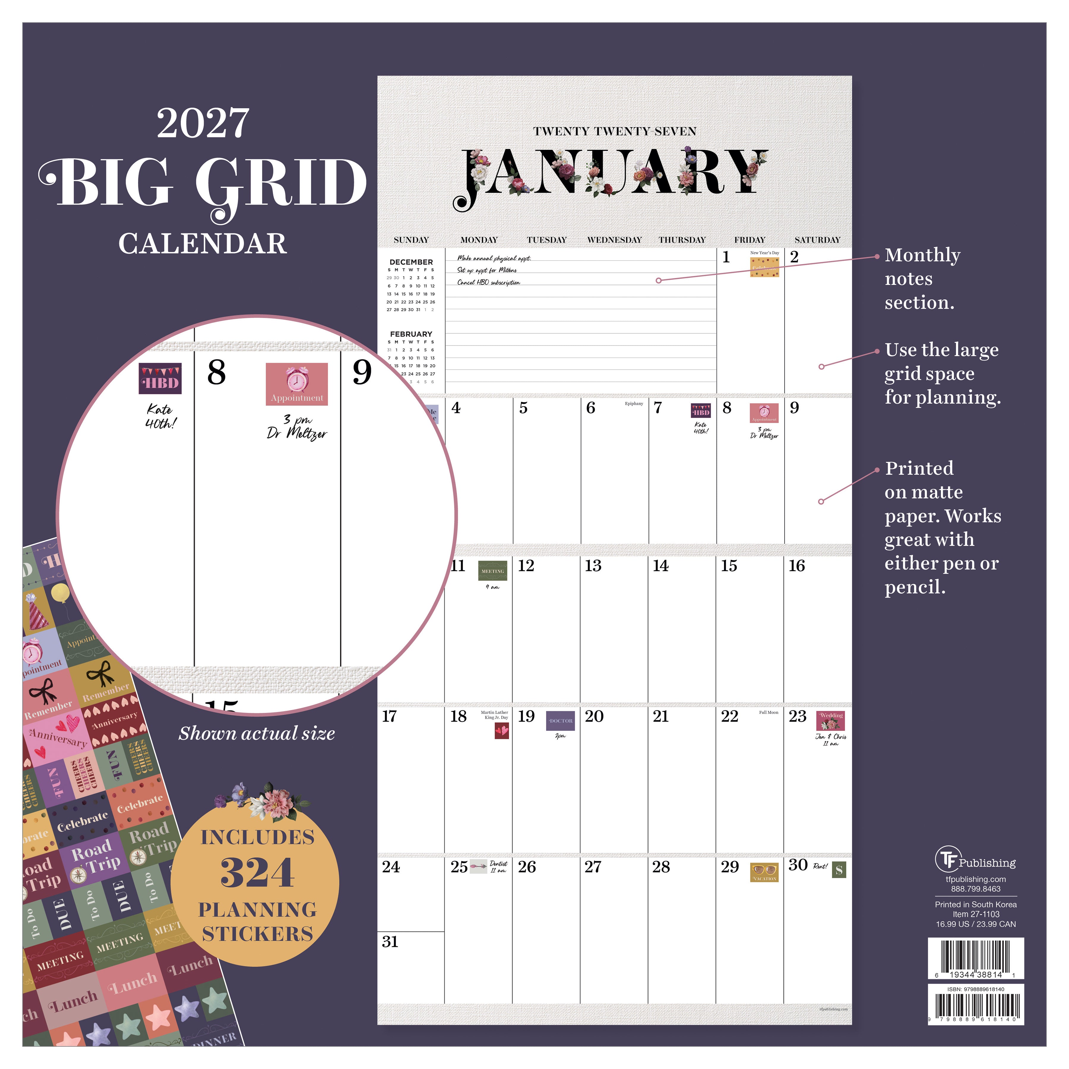 2027 Big Grid-Floral - Square Wall Calendar