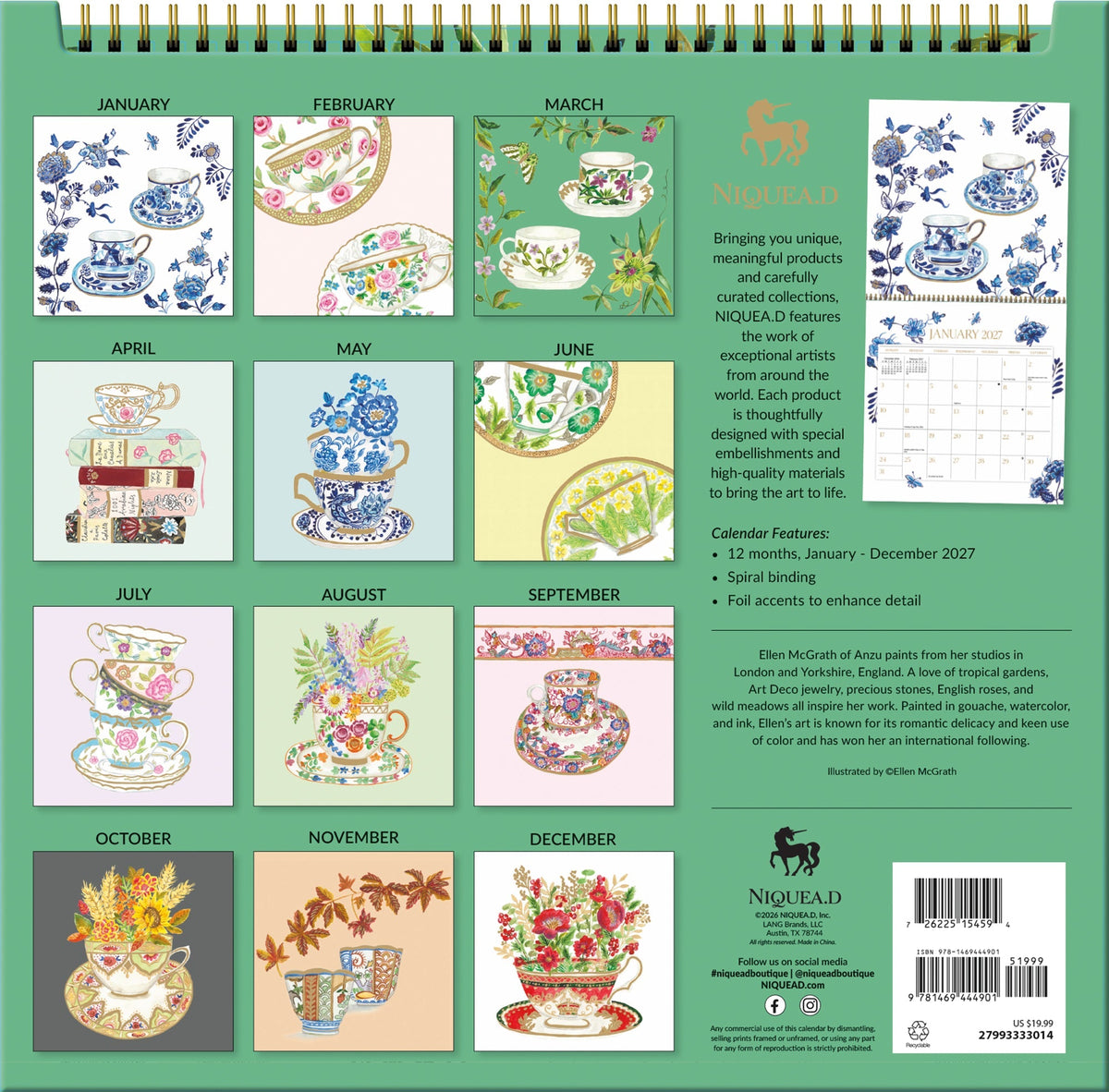 2027 Teacups - Spiral Square Wall Calendar