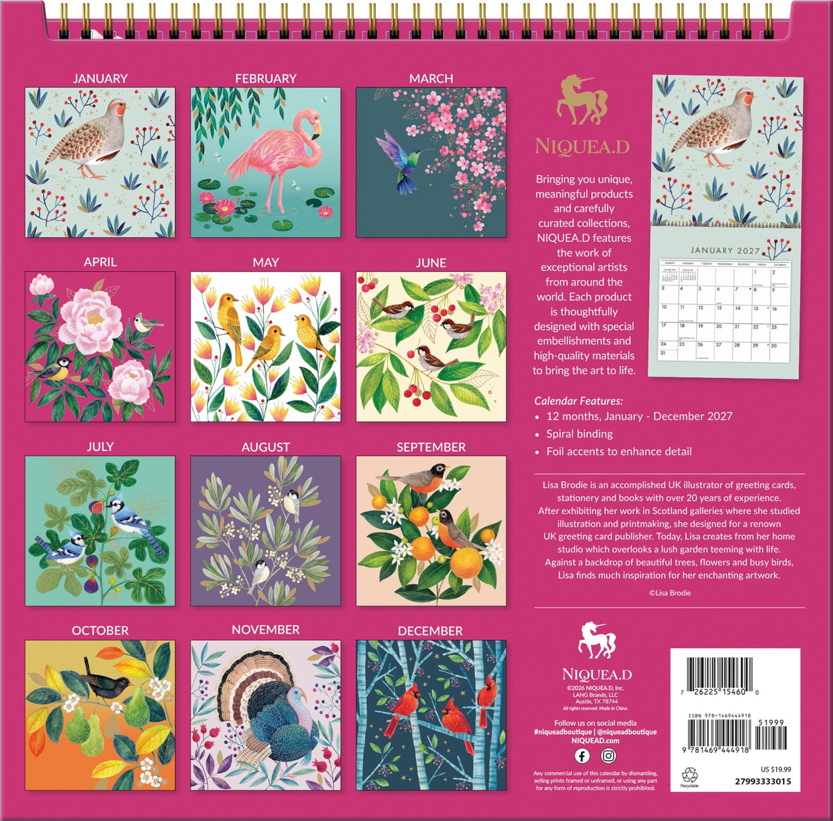 2027 Wonder Of Birds - Spiral Square Wall Calendar