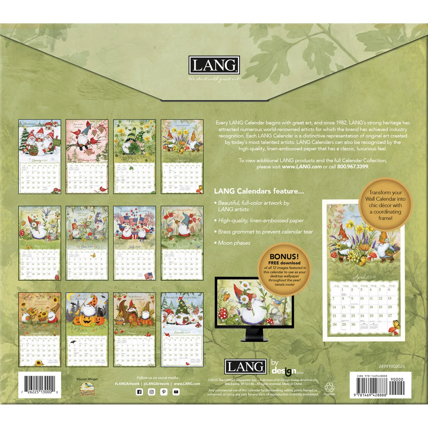 2024 LANG Gnome Sweet Gnome By Susan Winget - Deluxe Wall Calendar