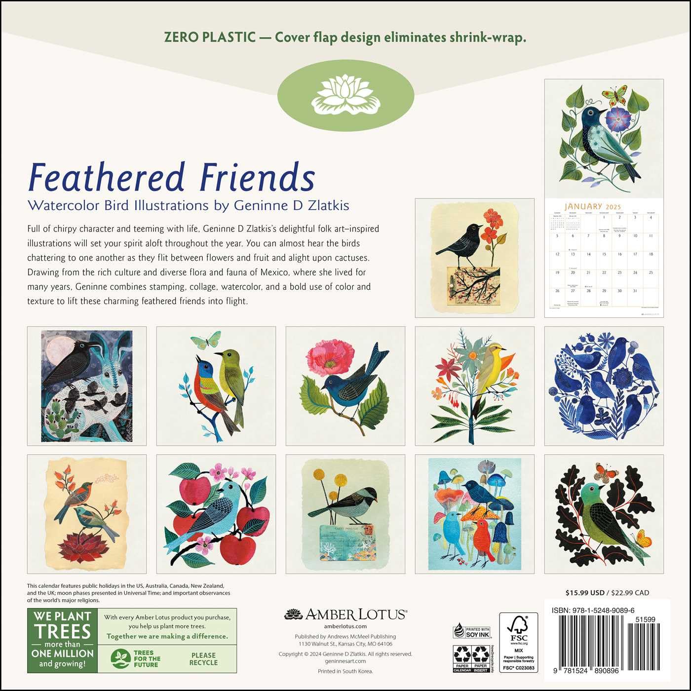 2025 Feathered Friends By Geninne D Zlatkis - Square Wall Calendar