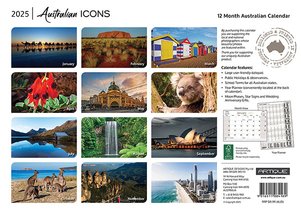 2025 Australian Icons By Artique - Horizontal Wall Calendar