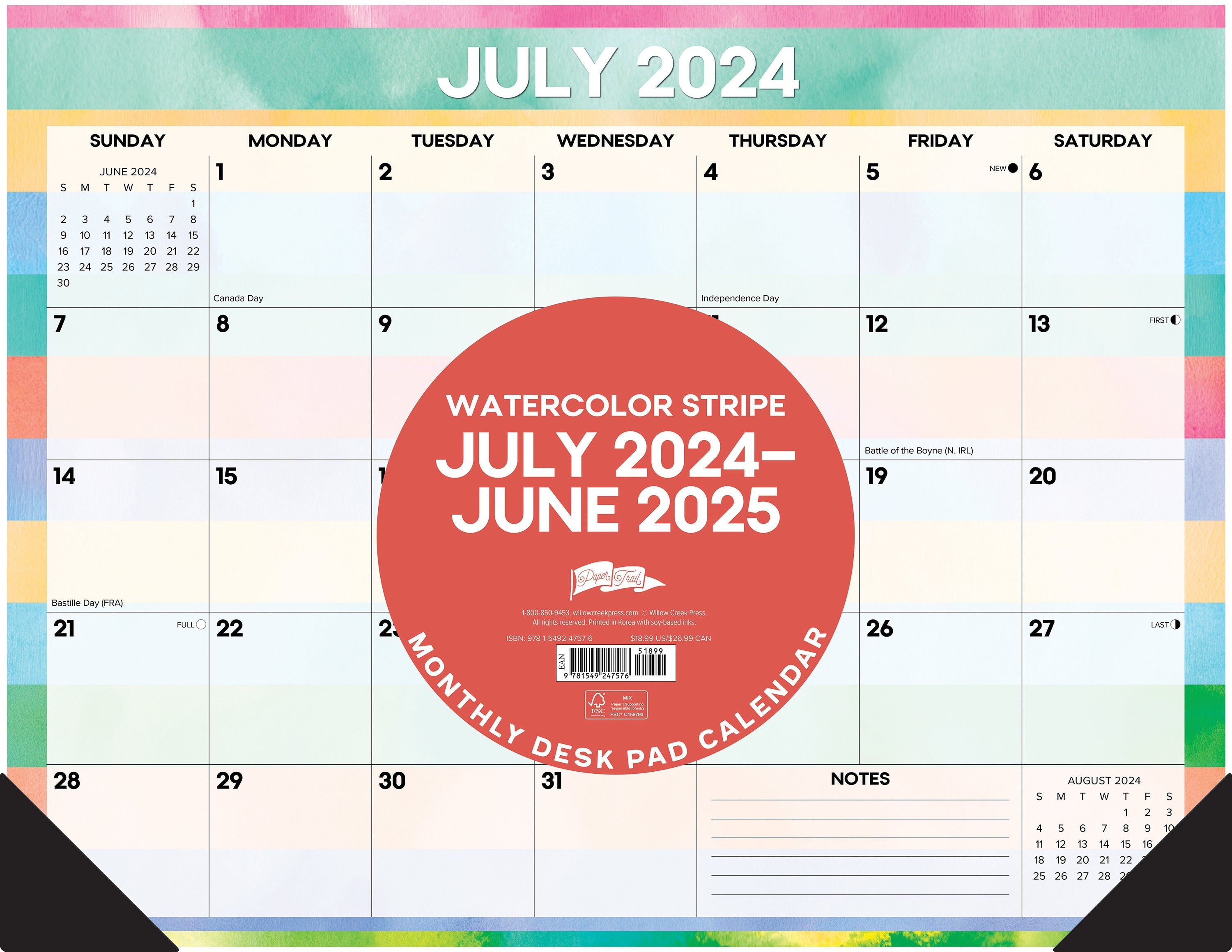 July 2024 - June 2025 Watercolor Stripe - Large Monthly Desk Pad Academic Calendar
