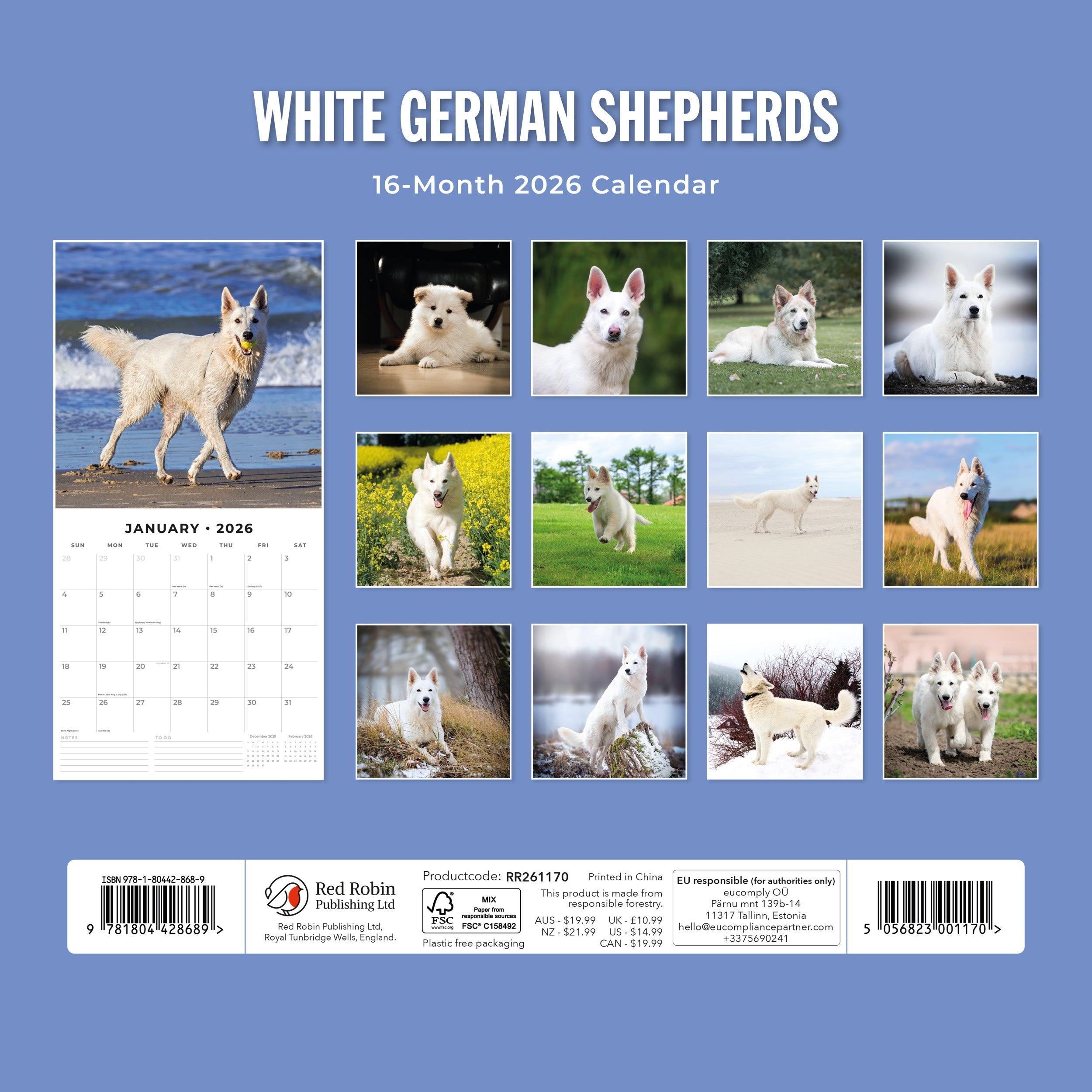 2026 German Shepherd, White - Square Wall Calendar
