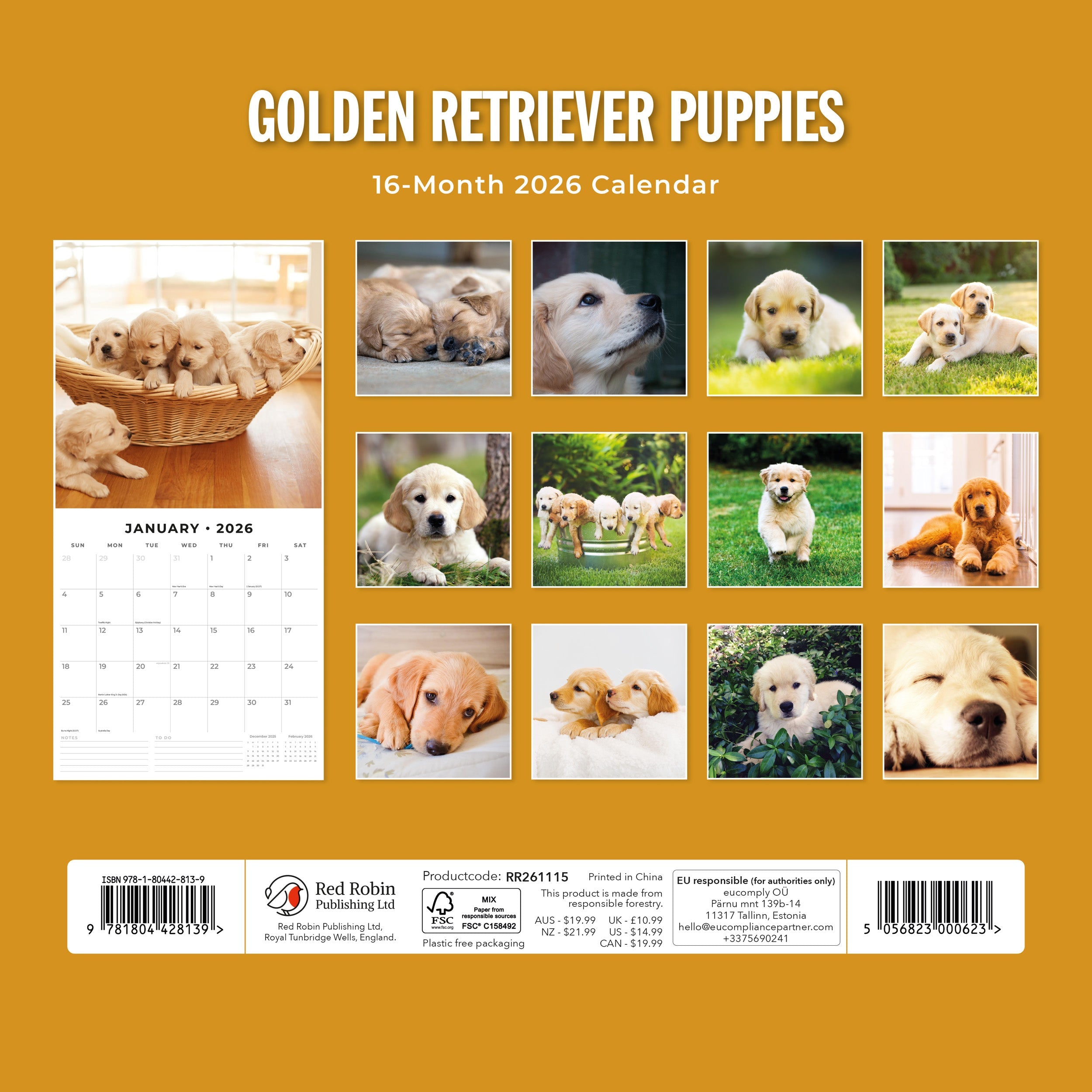 2026 Golden Retriever Puppies - Square Wall Calendar