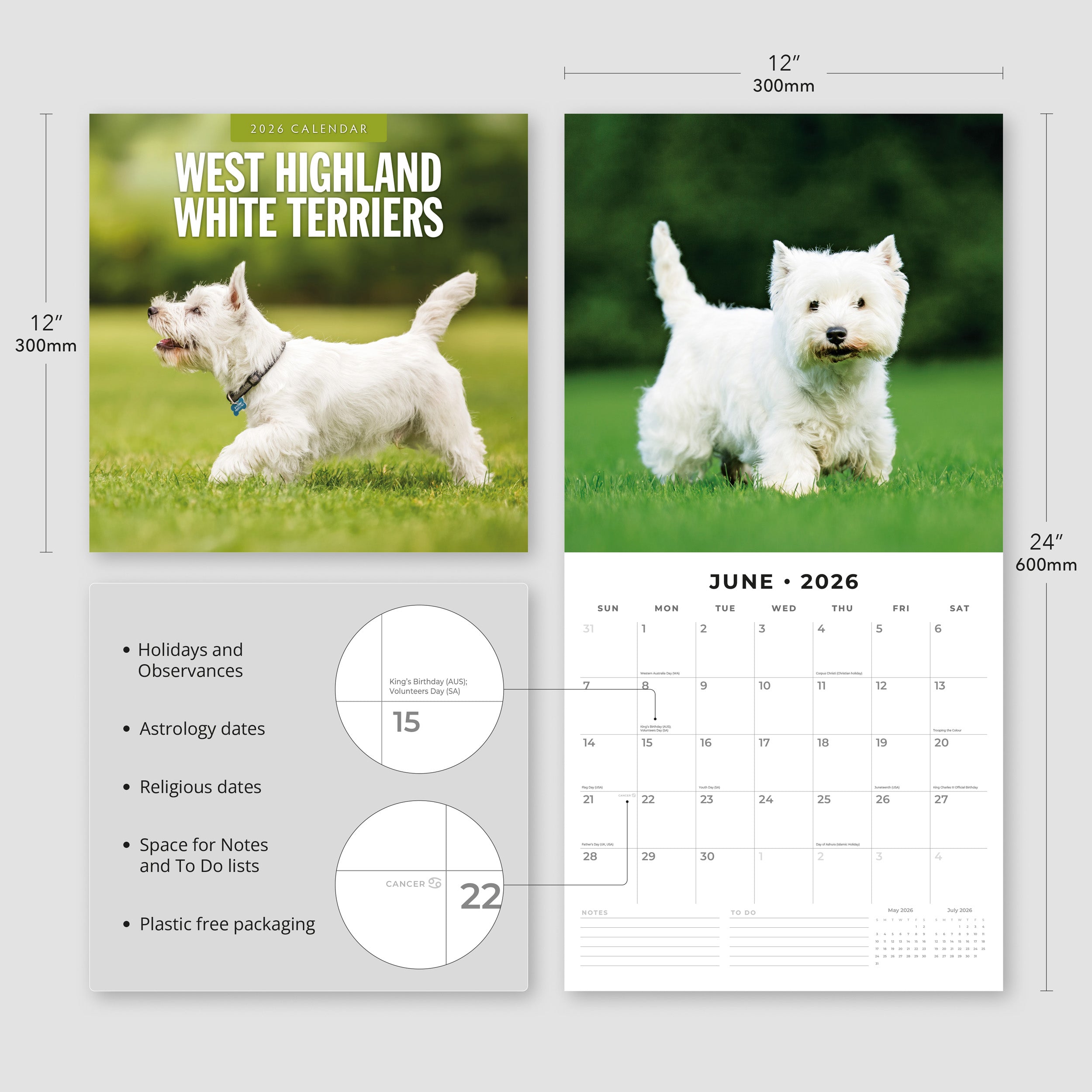 2026 West Highland White Terriers - Square Wall Calendar
